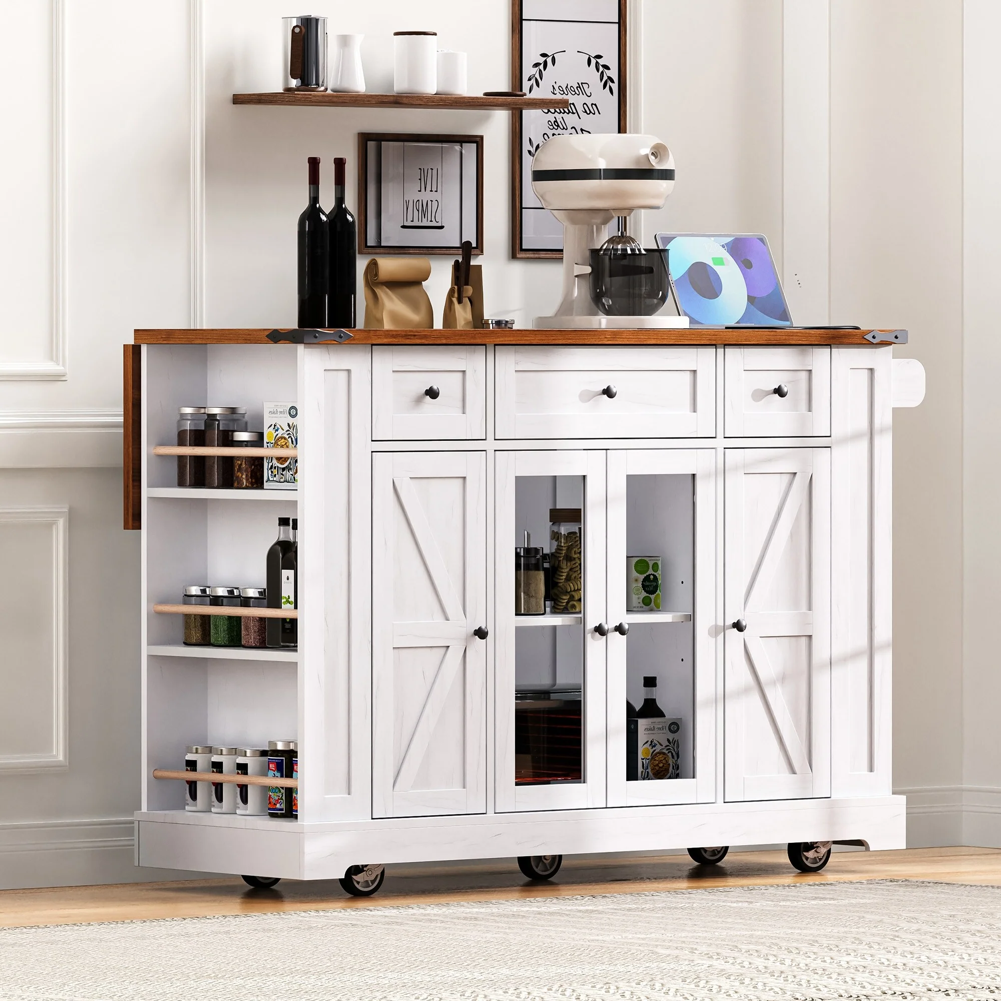 Kitchen Island with Two Tempered Glass Cabinet Doors and Power Outlet, Rolling Storage Cabinet with Drop Leaf, Open Side Racks