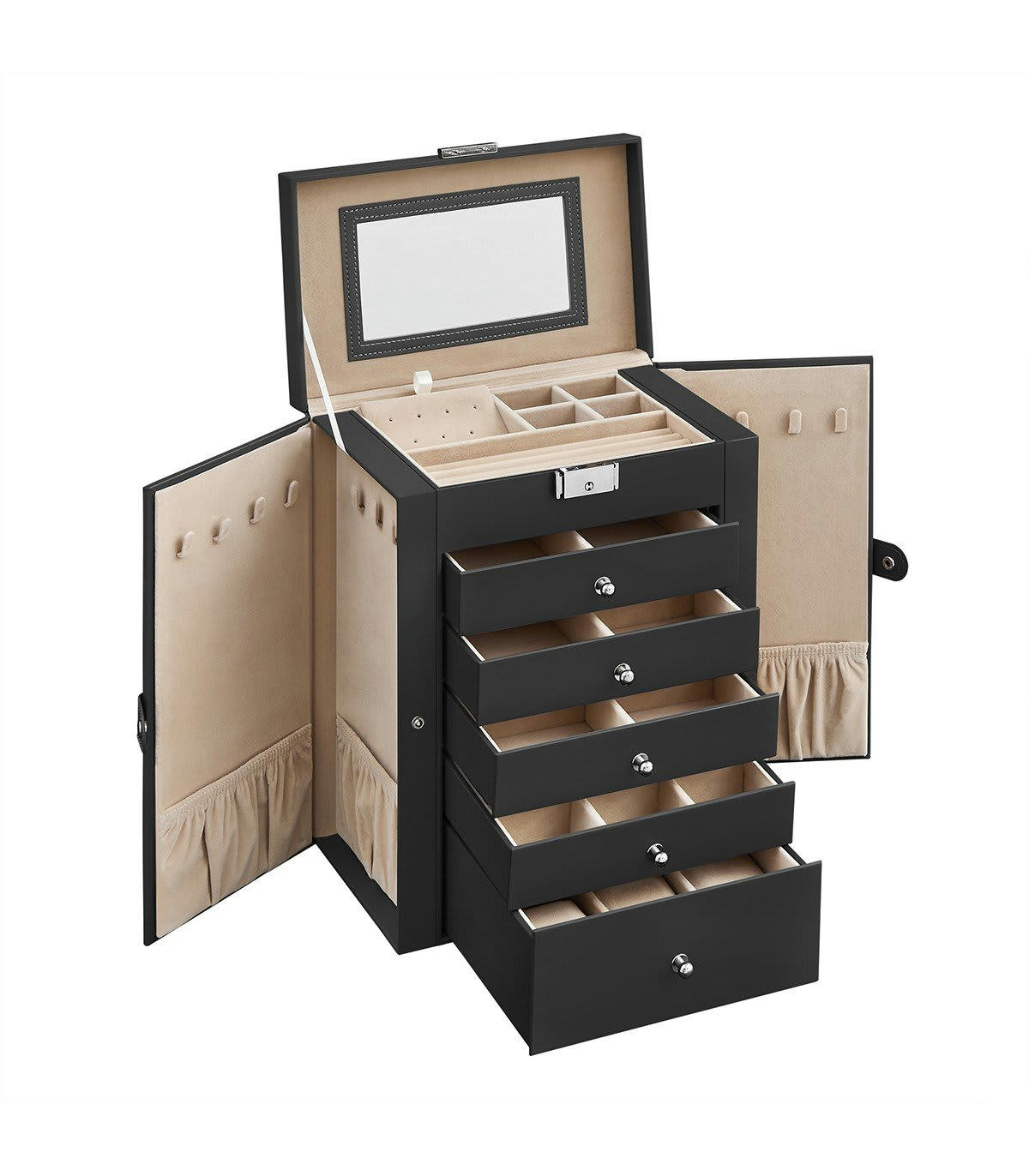 - Boîte à bijoux 2 tiroirs, 1 compartiment et 2 rabats avec rangements