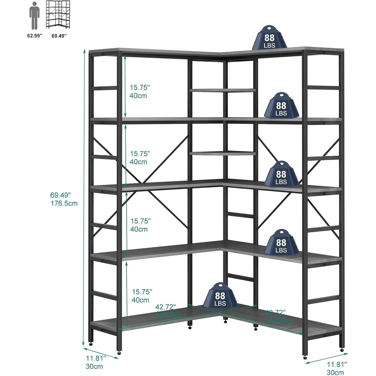 GIMMYFIVE 5 Tier Corner Bookshelf, Industrial Bookshelves