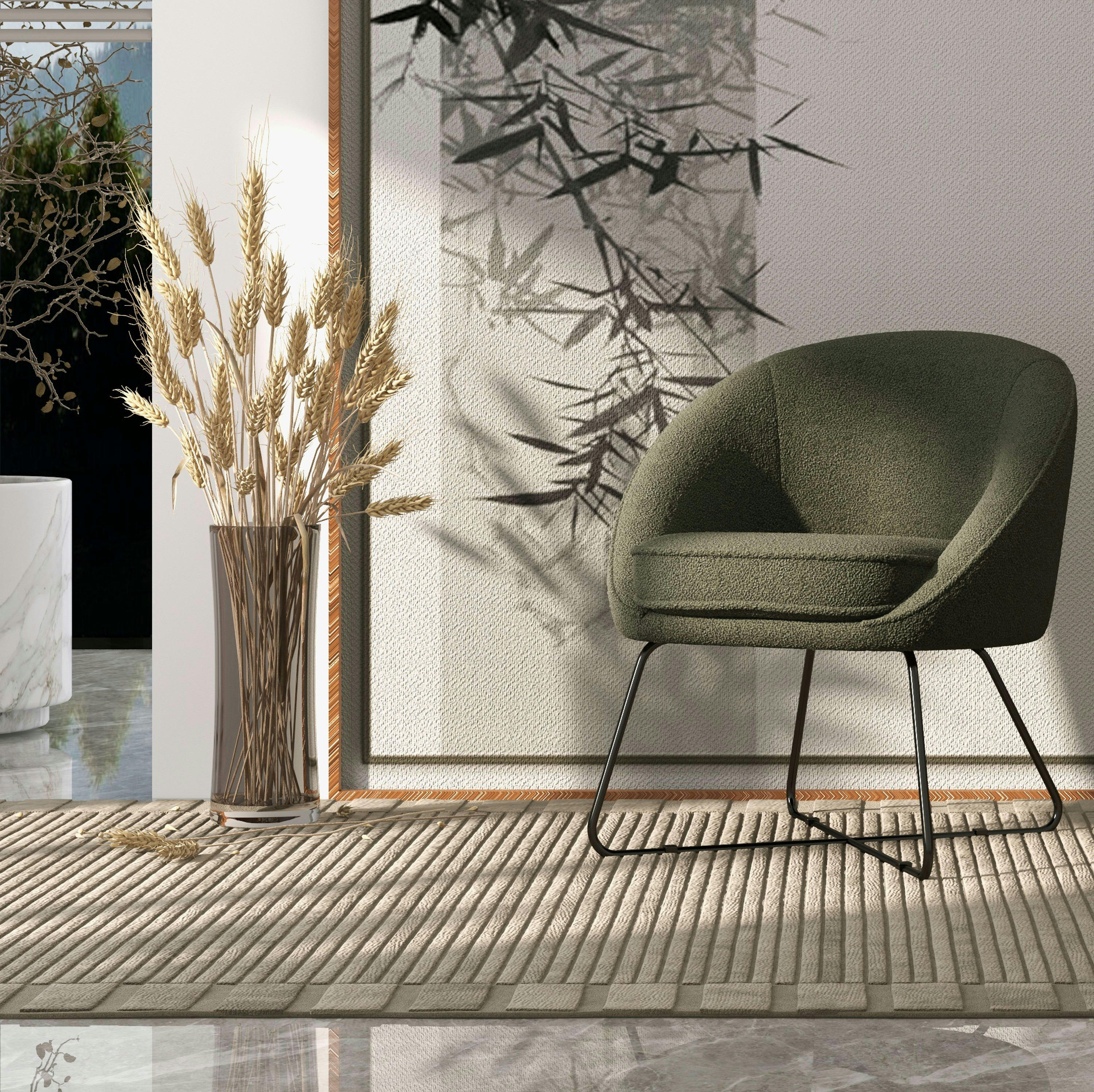 JONAS - Fauteuil lounge en tissu bouclette Army et pieds métal noir