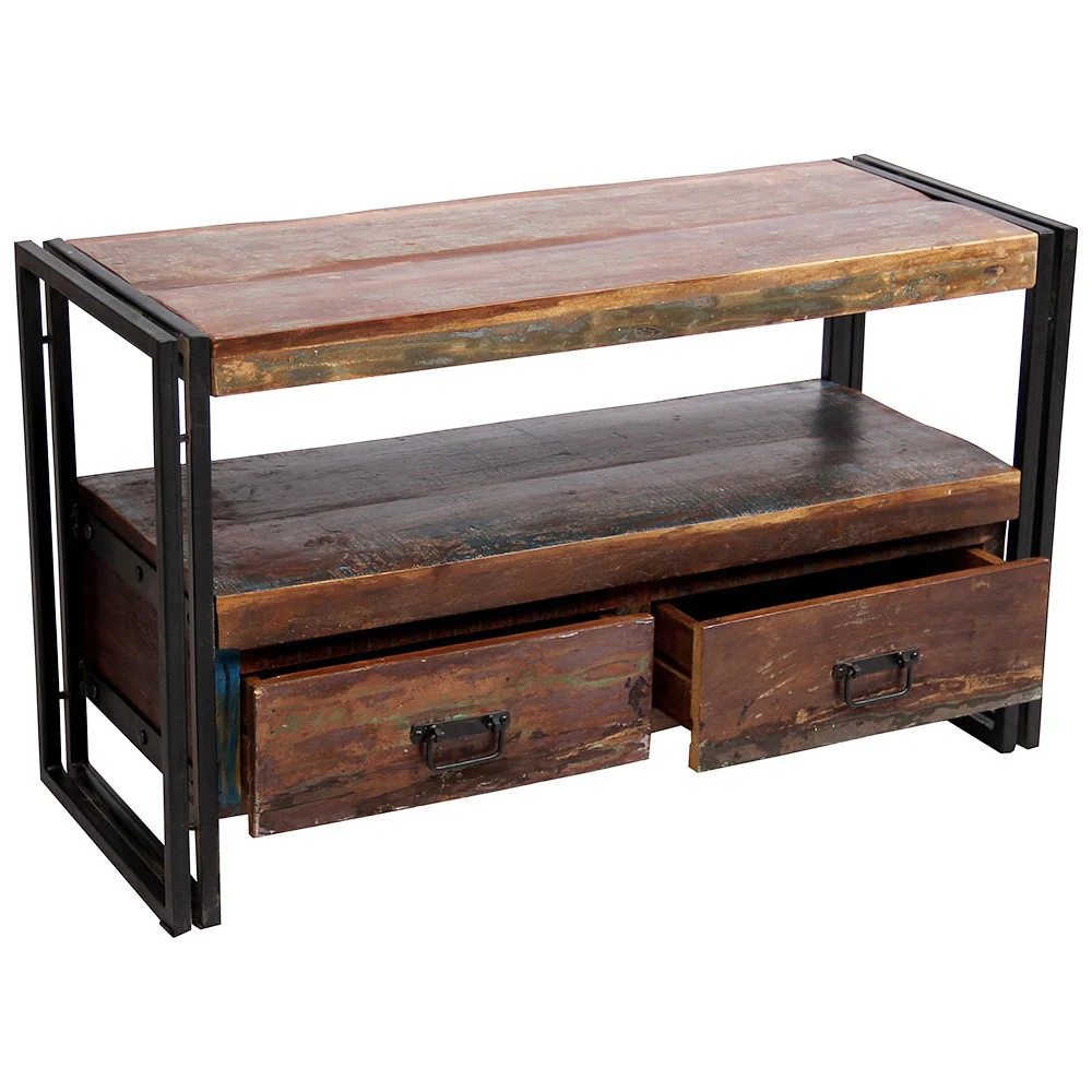 Handmade Old Reclaimed Wood TV Cabinet with Double Drawers (India) - 41 x 15.75 x 23.5