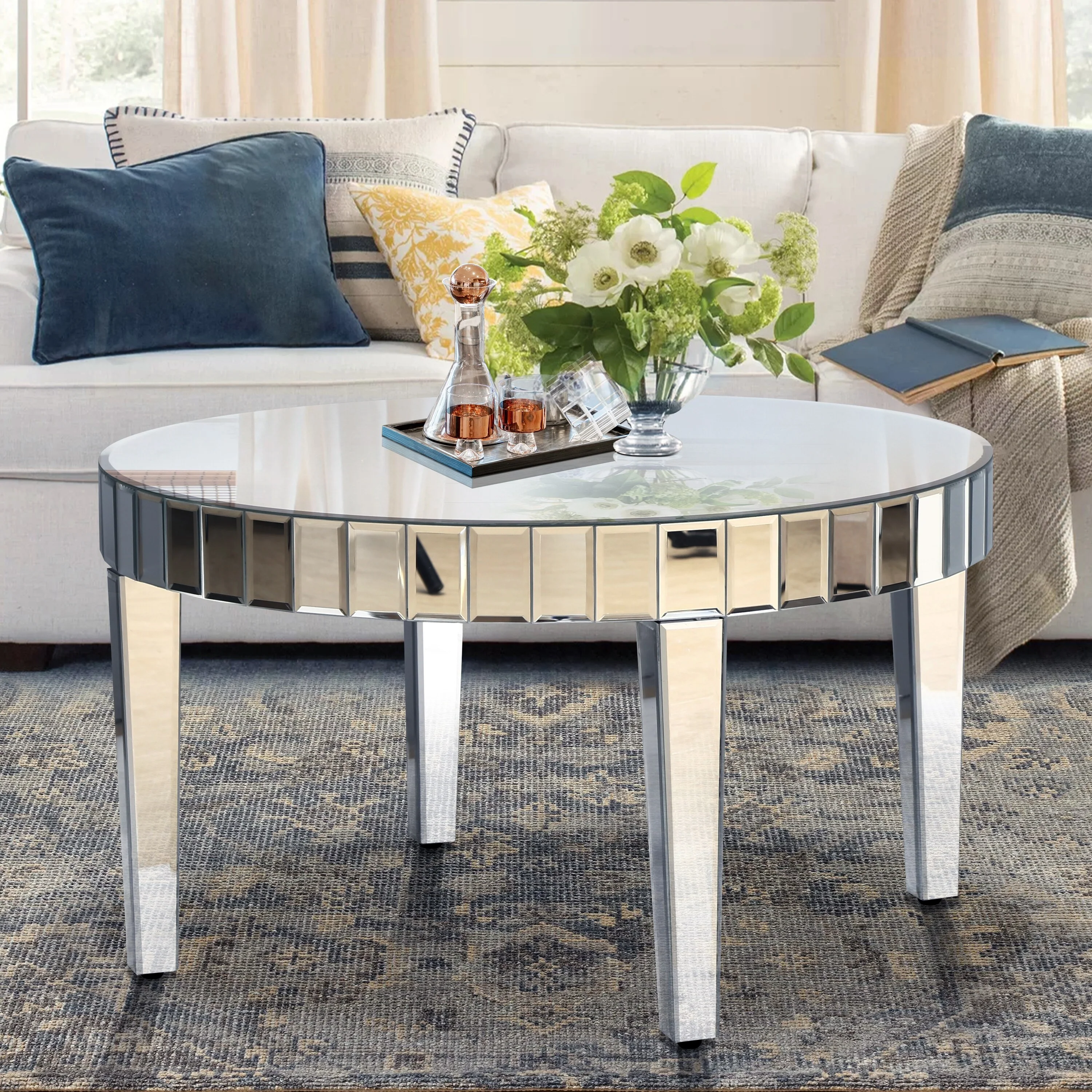 Dazzling Round Coffee Table with Starburst Mirror Mosaic Design, Glass Top for Living Room, Luxury Sofa Center Table