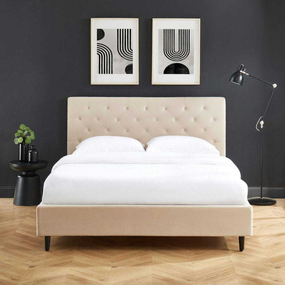 KOPITO - Lit capitonné en velours 160x200cm beige