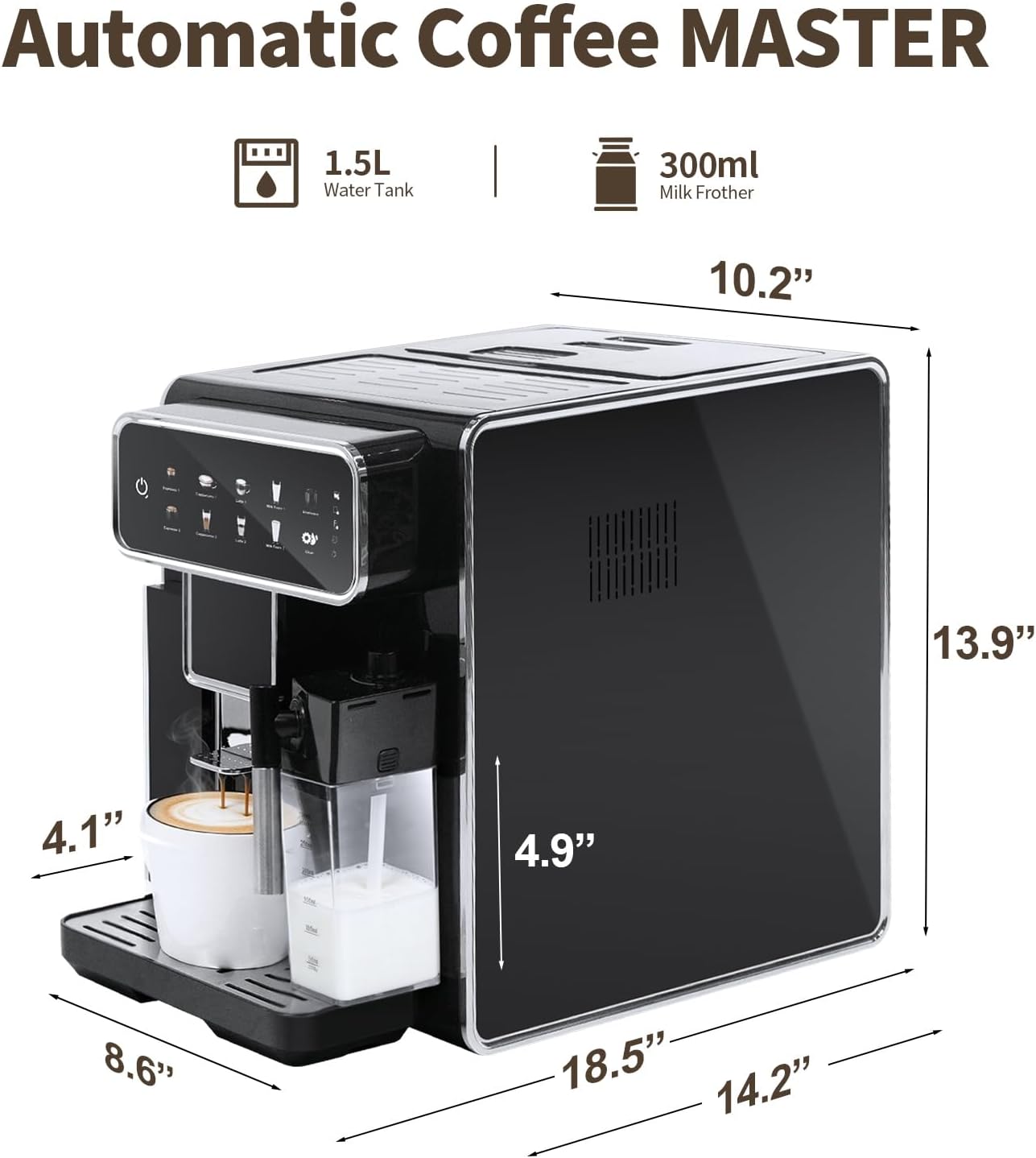 Automatic Espresso Machine with Grinder and Milk Frother - Grinder Coffee Machine Expresso Maker with 7 One-Touch Coffee Recipes for Latte, Cappuccino, Americano, Iced and Hot Coffee (Black)