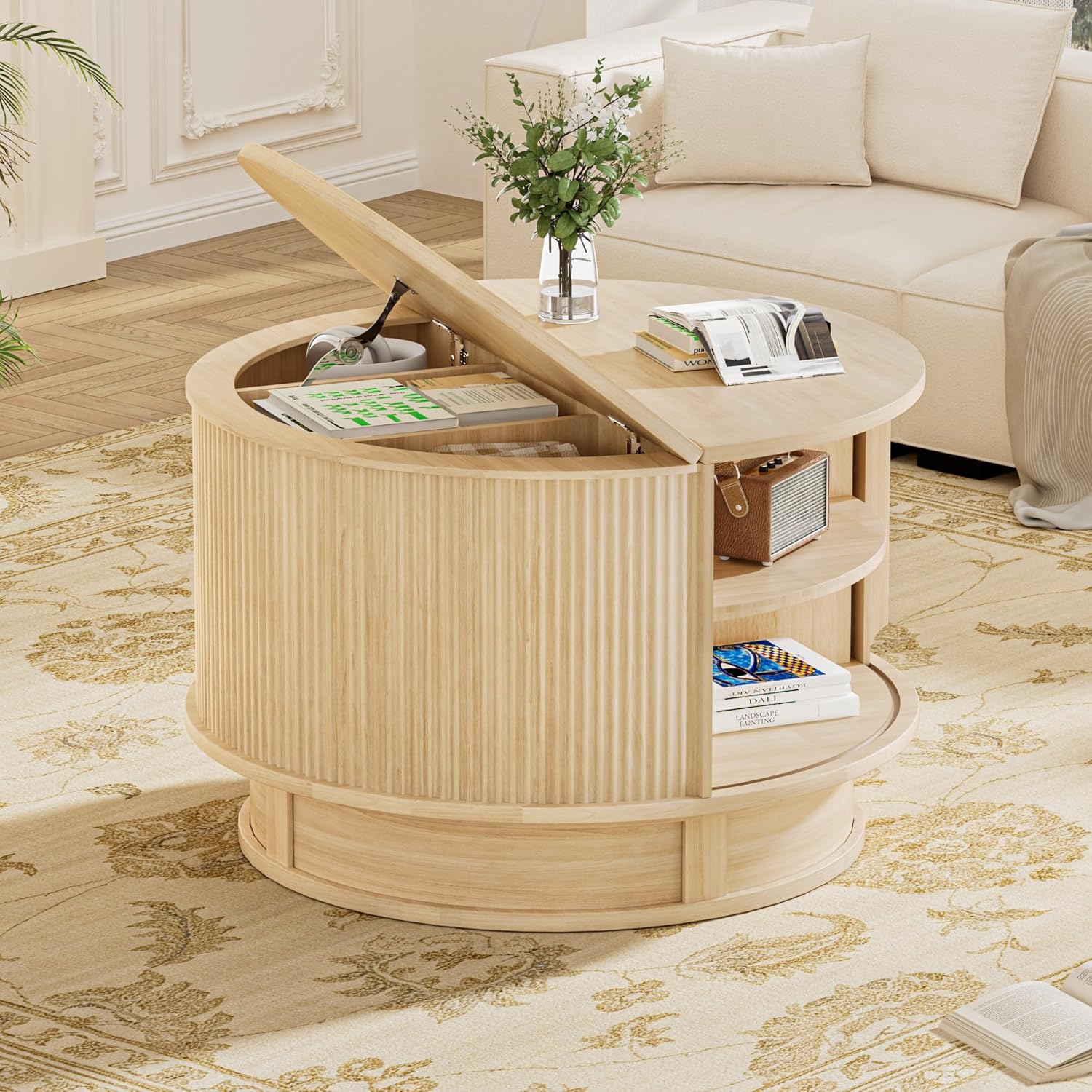 31.5 Round Fluted Coffee Table with Hidden Storage, Modern Wood Coffee Table with Flip-Up Hinged Tabletop, Divided Compartments and Rotating Base for Living Room & Apartment (Natural Wood)