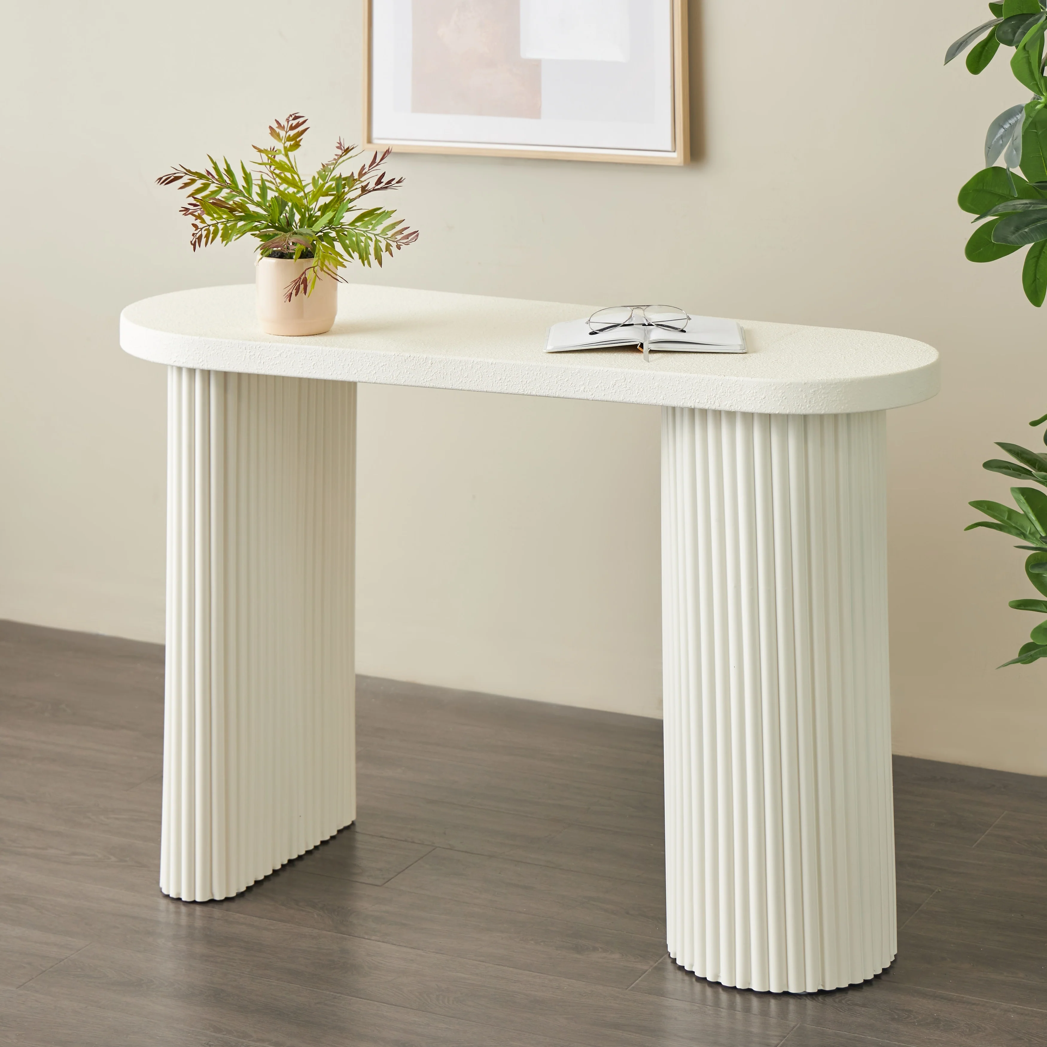 Metal Handmade Oval Console Table with Ribbed Legs - White - Roche River Decor