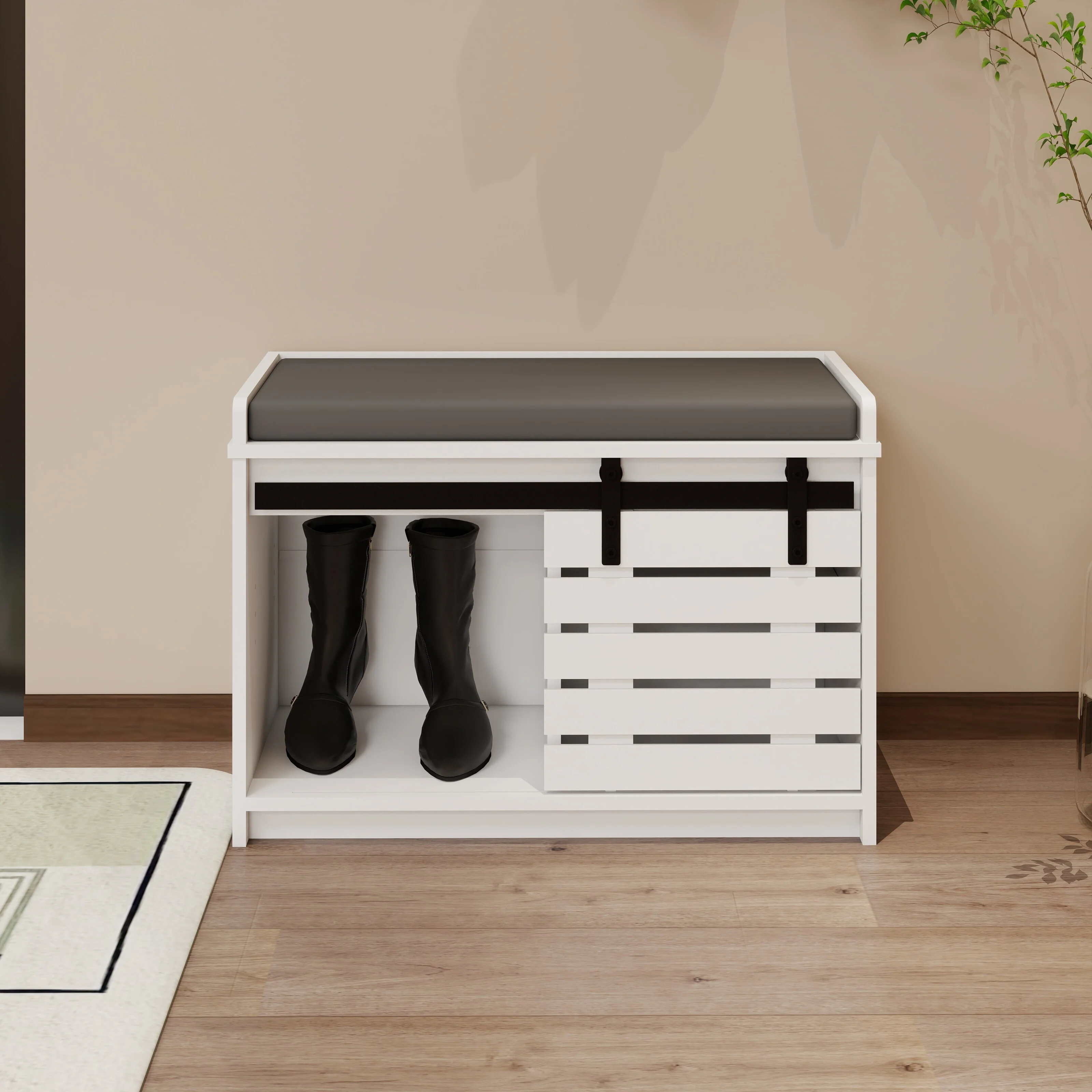 2-Tier Entryway Bench with Sliding Barn Door