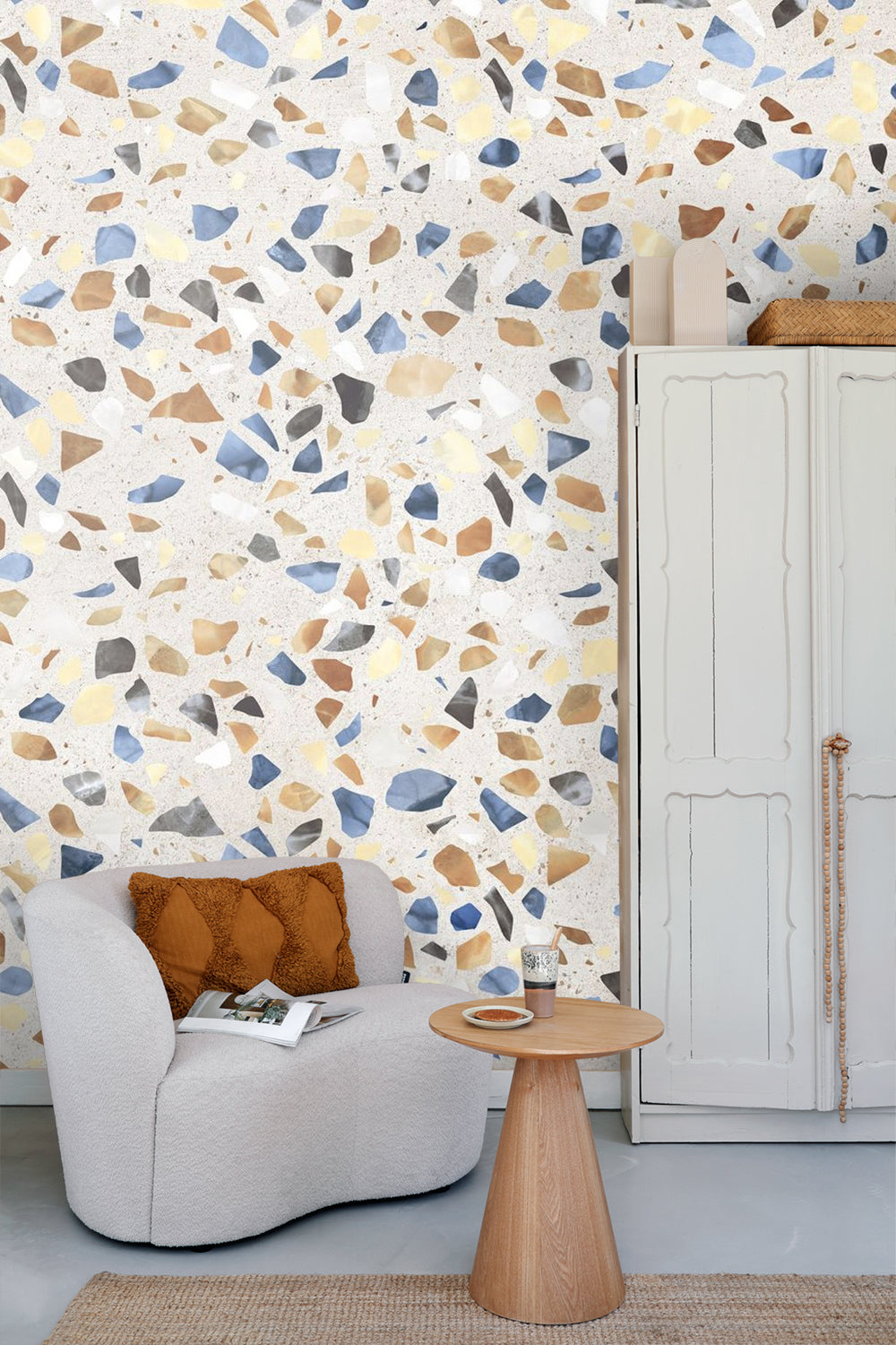 Sanders & Sanders fotobehang terrazzo blauw, beige en bruin - 375 x 270 cm - 600971