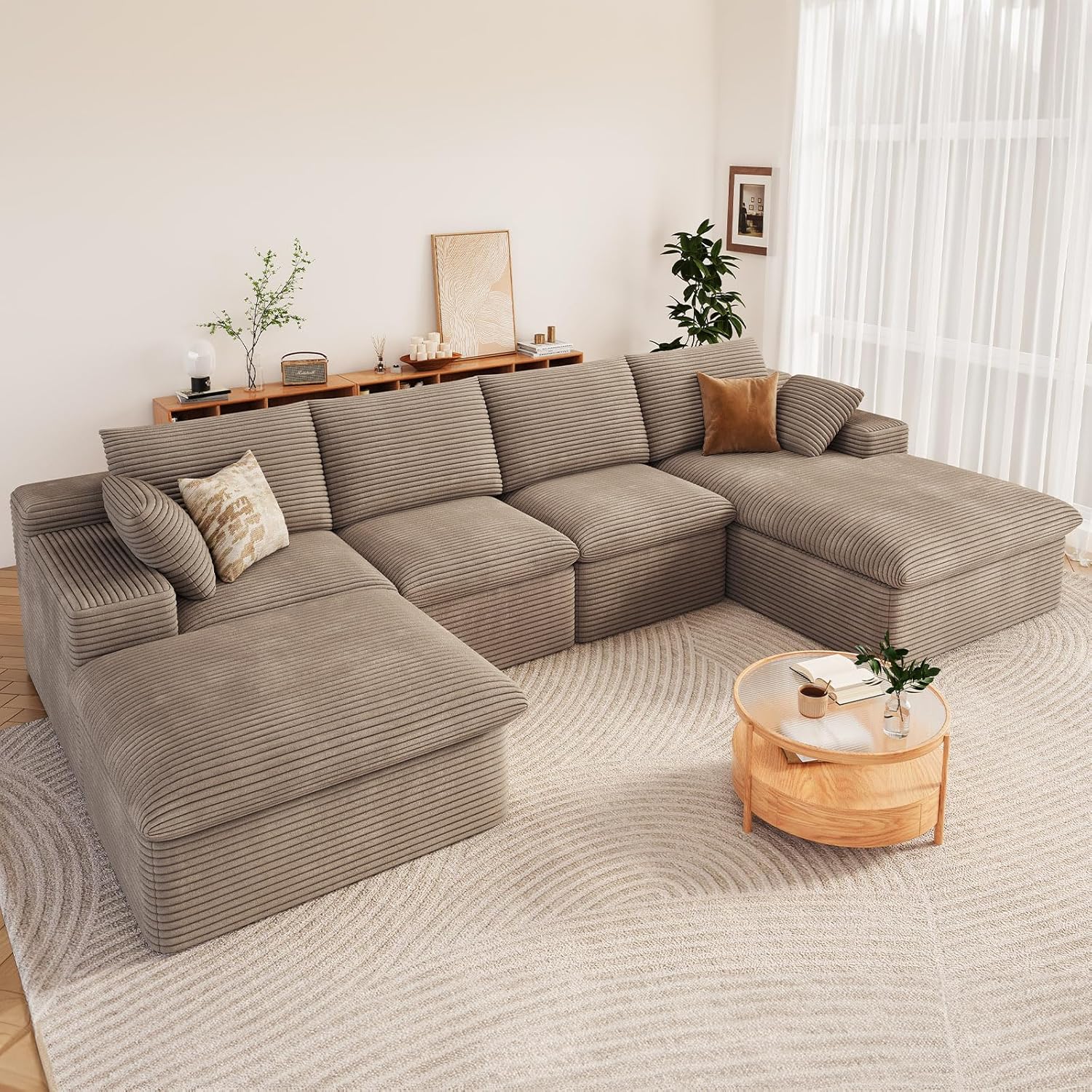 136 Cloud Couch Modular Sectional Couchs with Chaise Lounge, U-Shape Boneless Couches with Ottoman for Living Room, Corduroy Sofa with Deep Seat, No Assembly Required (Camel, Right Facing Chaise)