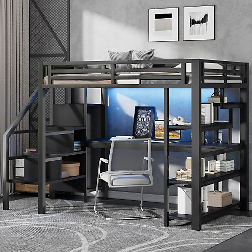 Lit mezzanine en métal 140x200mm avec armoire ouverte et bureau - LED et port USB - Avec échelle de rangement et étagères - Noir