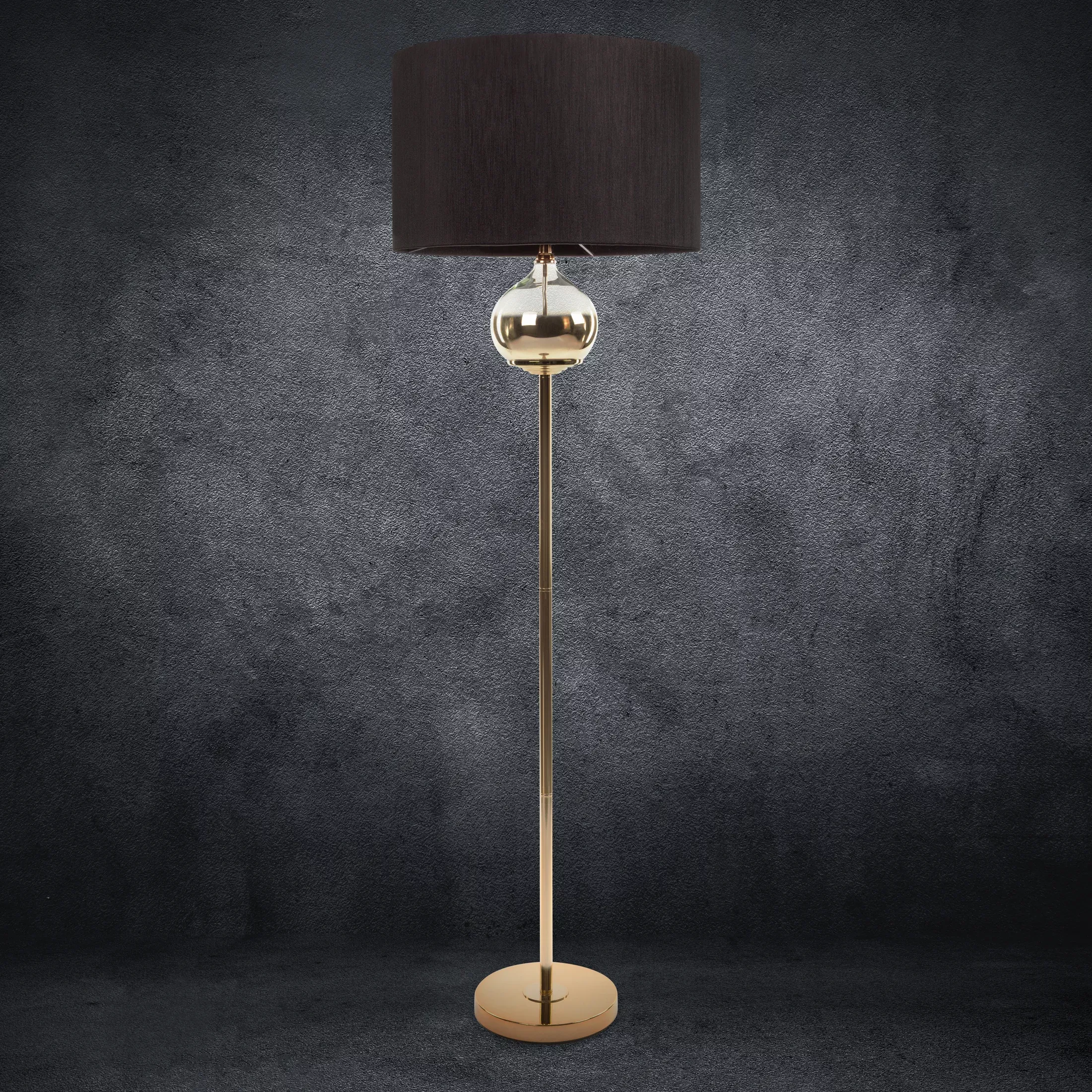 Lampa stojąca do salonu czarno, złota CAROLINE z matowym abażurem
