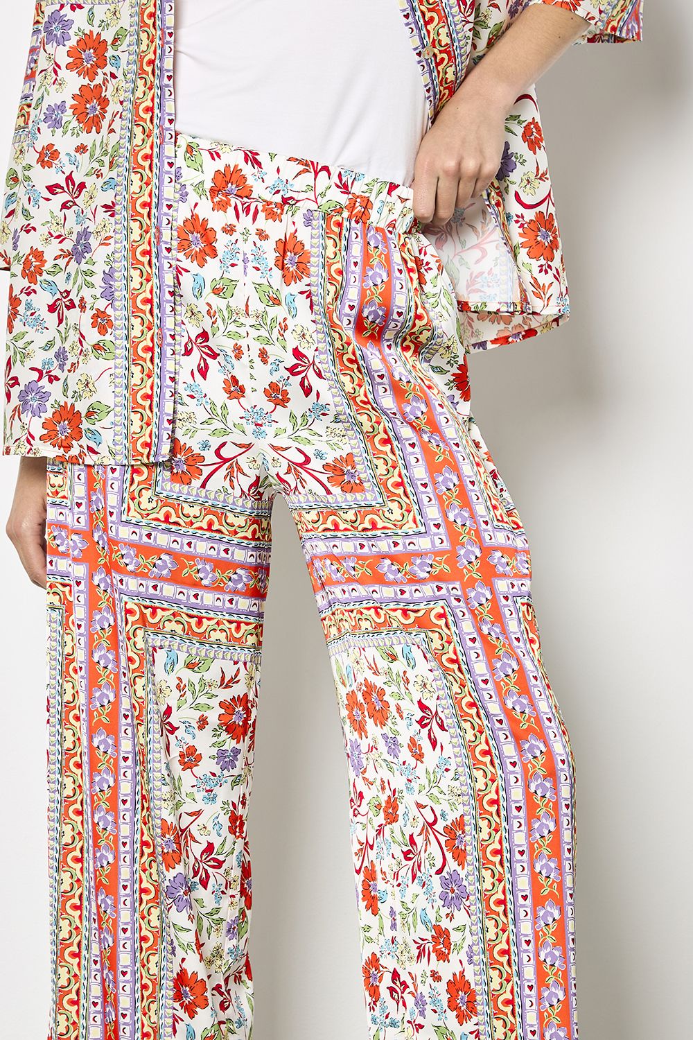 Apricot Floral Scarf Print Satin Wide-Leg Trousers