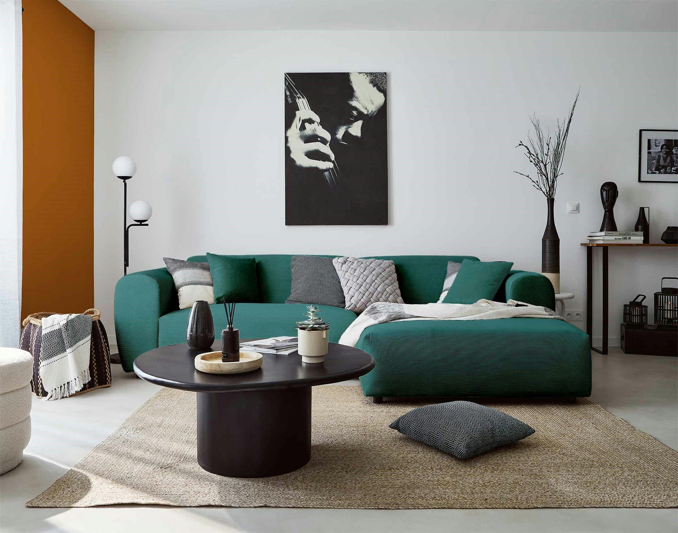 AUMANCE - Canapé d'angle droit 4 places en velours côtelé bleu canard