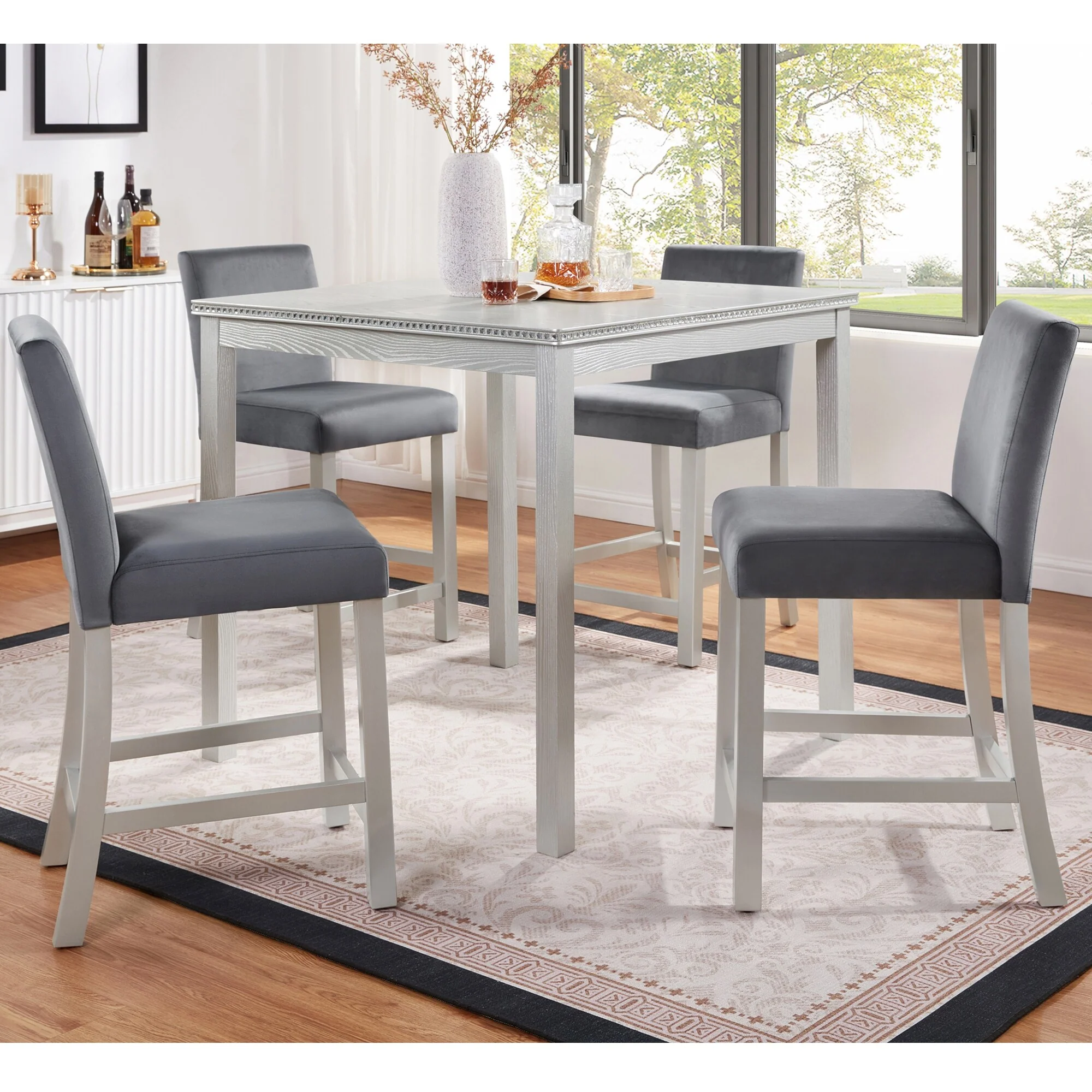 5 Piece Wooden Dining Table Set, Crystal Decoration Square Kitchen Table with 4 Upholstered Chair, for Apartment, Breakfast Nook