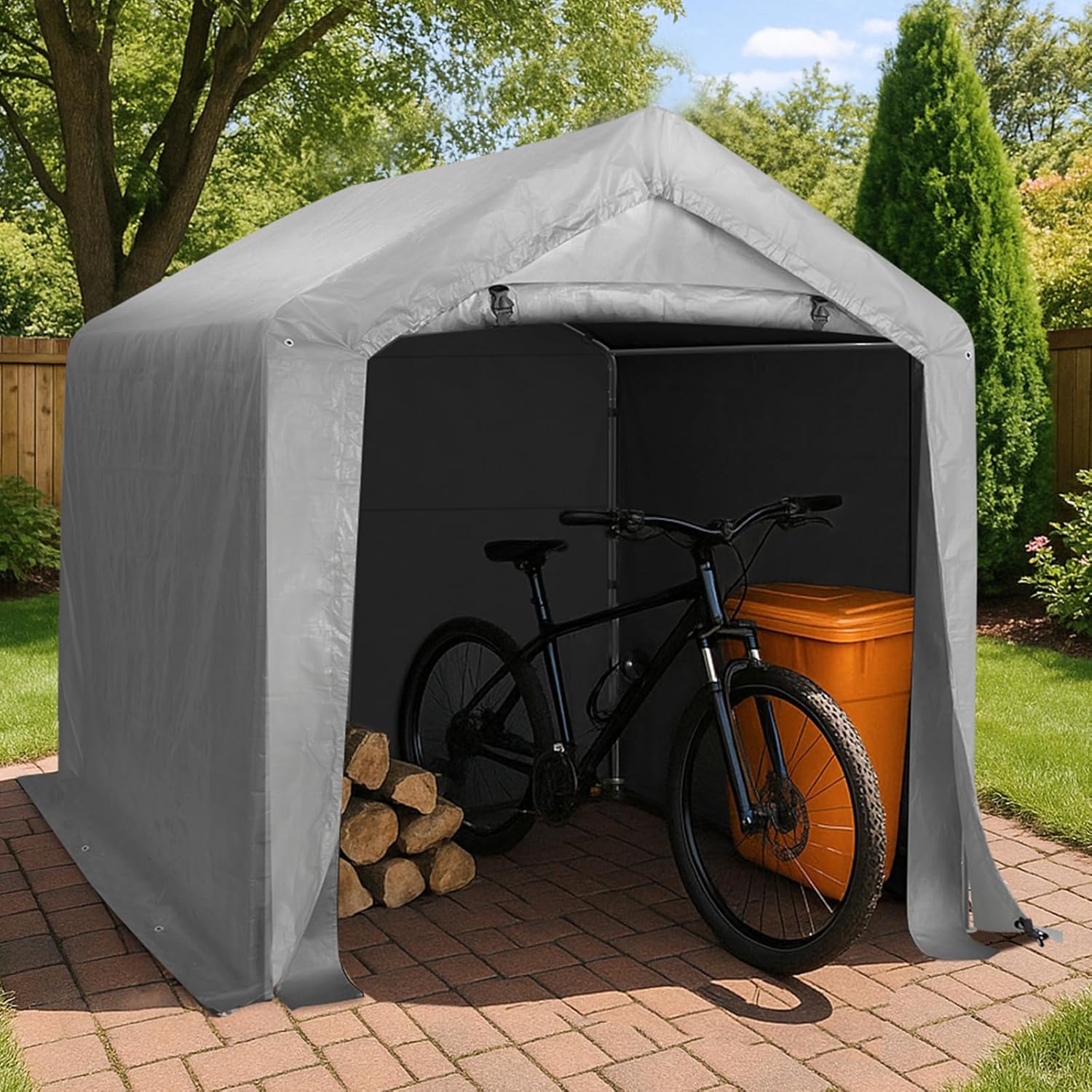 VINGLI Outdoor Portable Storage Shed, Heavy Duty Bike Tent with Roll-up Zipper Door, Waterproof and UV Resistent Carport for Motorcycle, Garden Tools and Firewood (8x8x6.7ft)