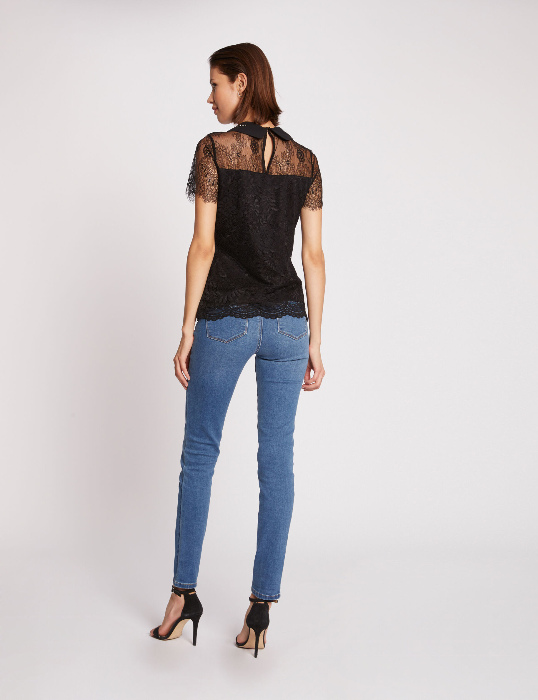 Short-Sleeved Blouse Lace And Slit Black Women