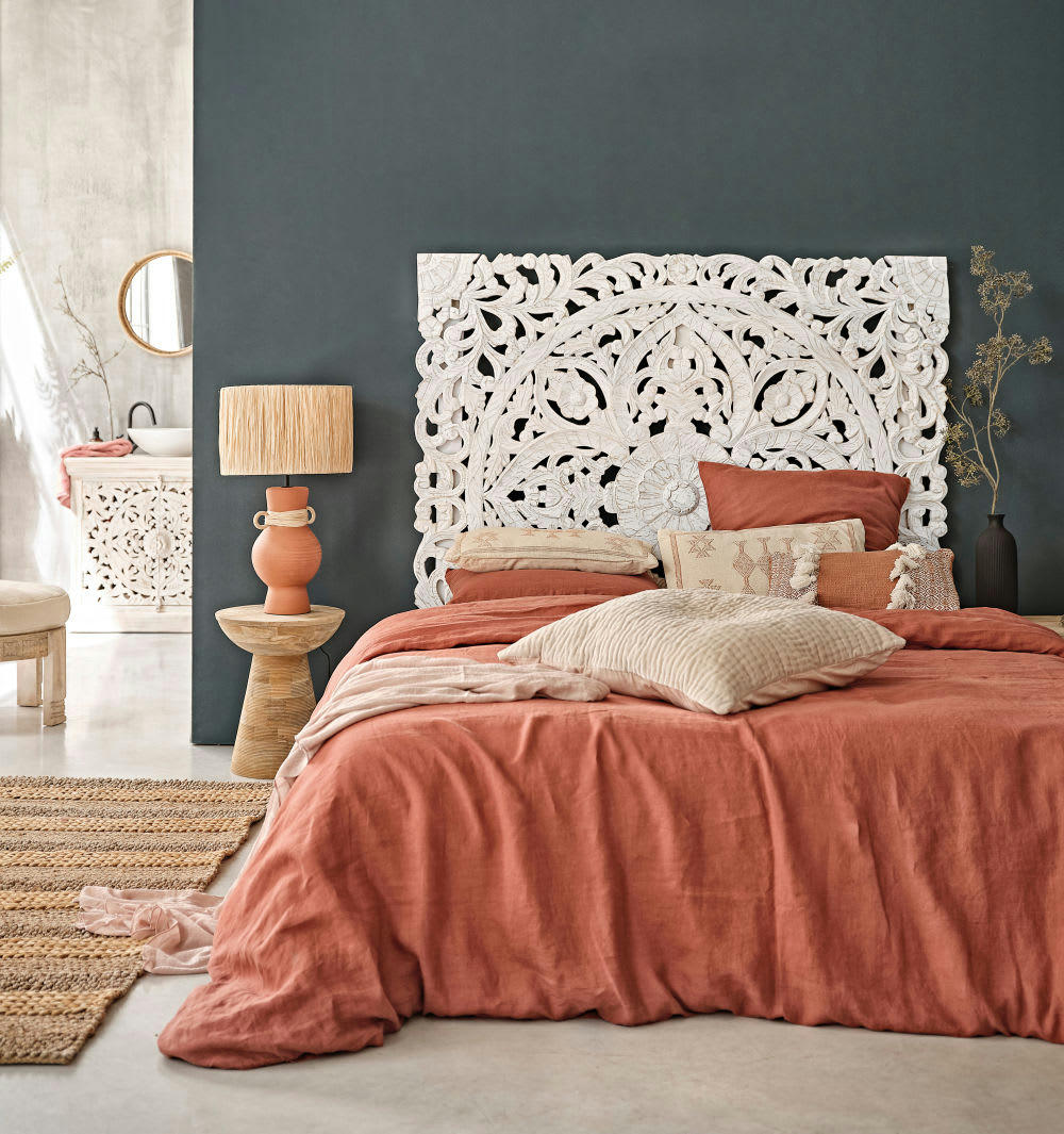 Kerala - Tête de lit 180 en manguier massif sculpté blanc