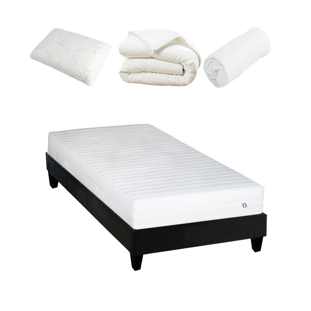EGIO - Ensemble  90x200  Matelas Latex + Sommier Bois + Accessoires