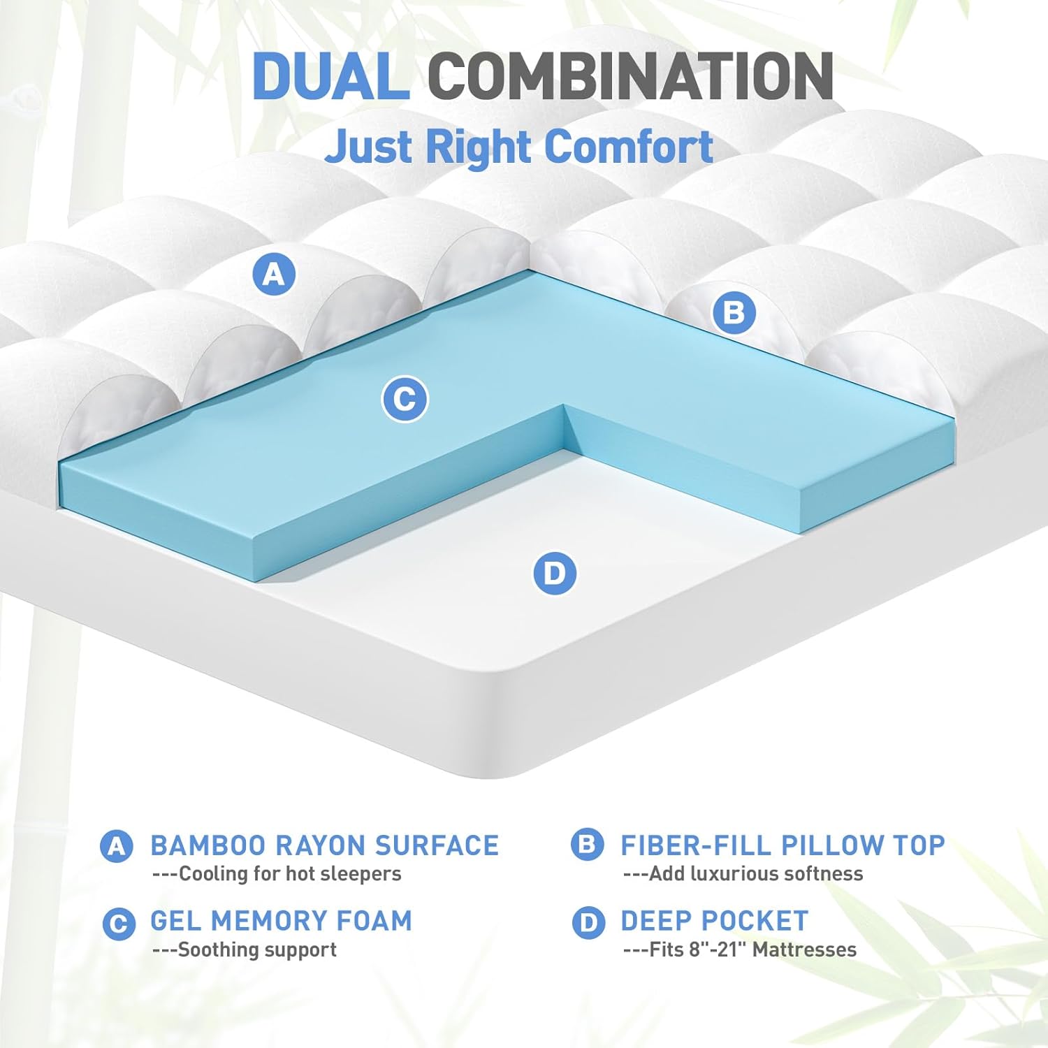 Dual Layer 3 Inch Memory Foam Mattress Topper King Size, 2 Inch Cooling Gel Memory Foam Plus 1 Inch Pillow Top Mattress Pad Cover, with 8-21 Inch Deep Pocket