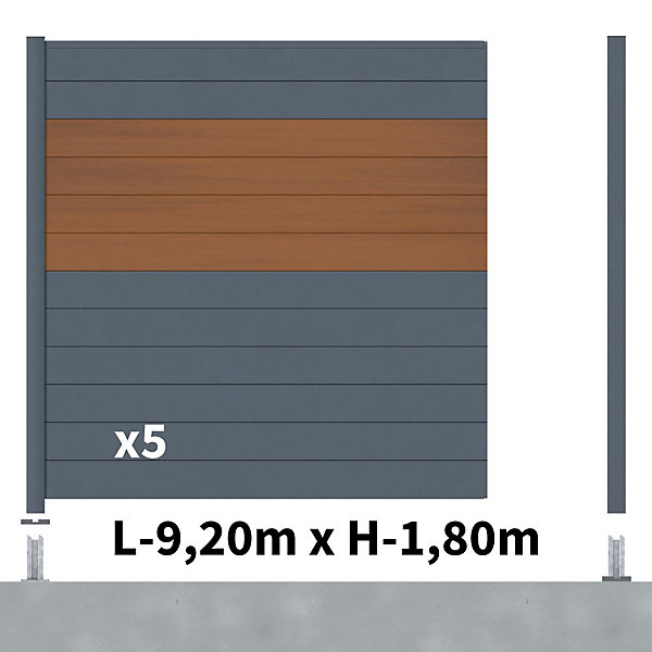 Kit Clôture Aluminium BAHIA &CRUZ Teck 9,20x1,8m - Aluminium et bois composite - Poteaux sur Platines gris - Occultation