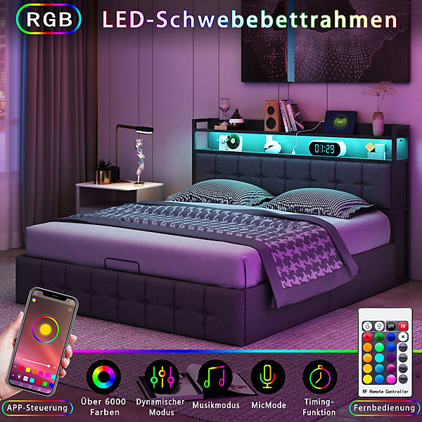 Lit 140x200 avec Sommier, Cadre de lit avec éclairage LED et 2 Prises CA &2 Ports USB,Tissu en Lin, Gris