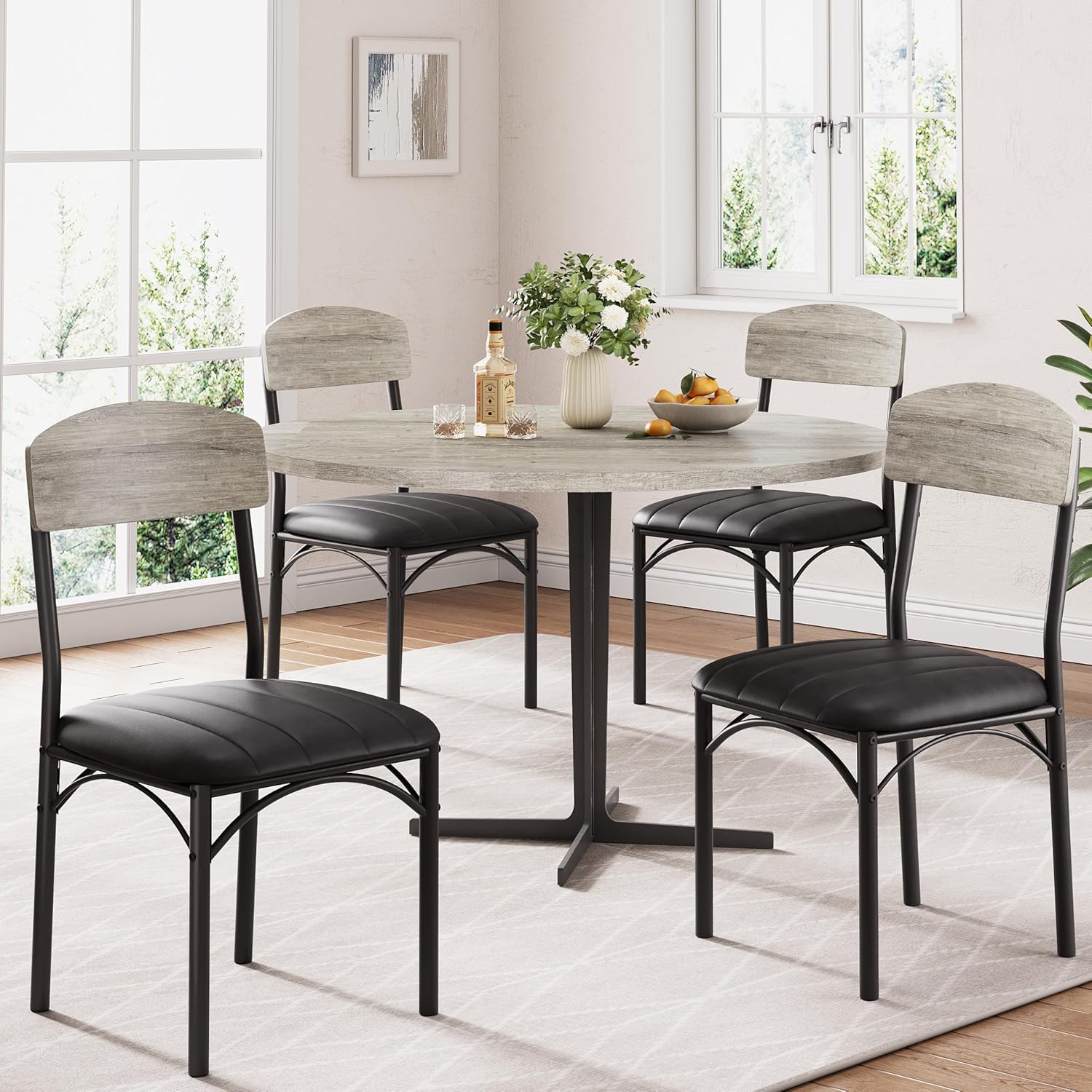 Jocoevol Dining Chairs Set of 4 - Upholstered Dining Room Chairs with PU Leather, Industrial Kitchen Chairs with Wooden Backrest and Thickened Metal Legs, for Dining Room, Living Room（Gray）