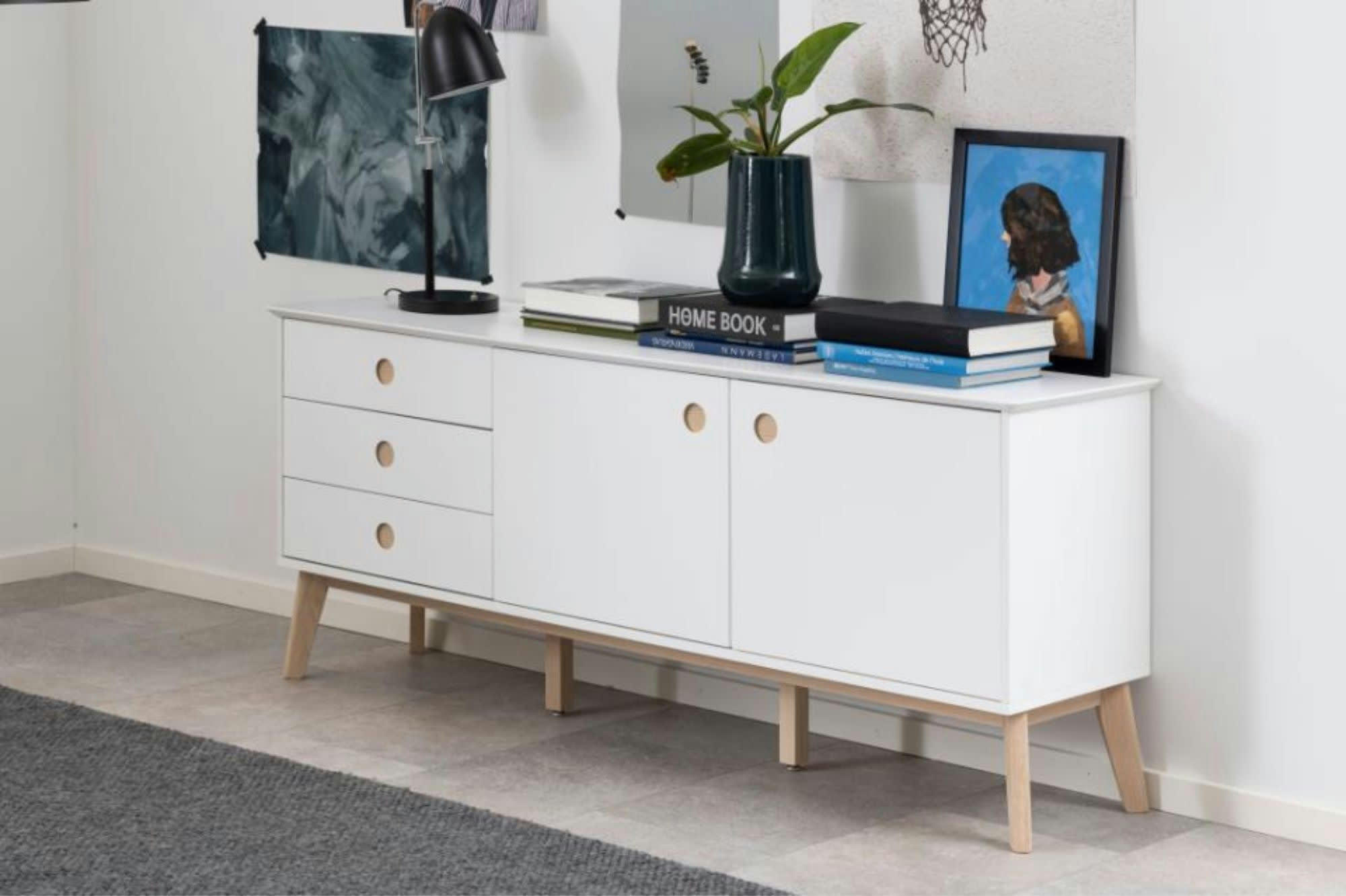 CENTIOR - Buffet enfilade nordique en bois blanc 3 tiroirs 2 portes L180