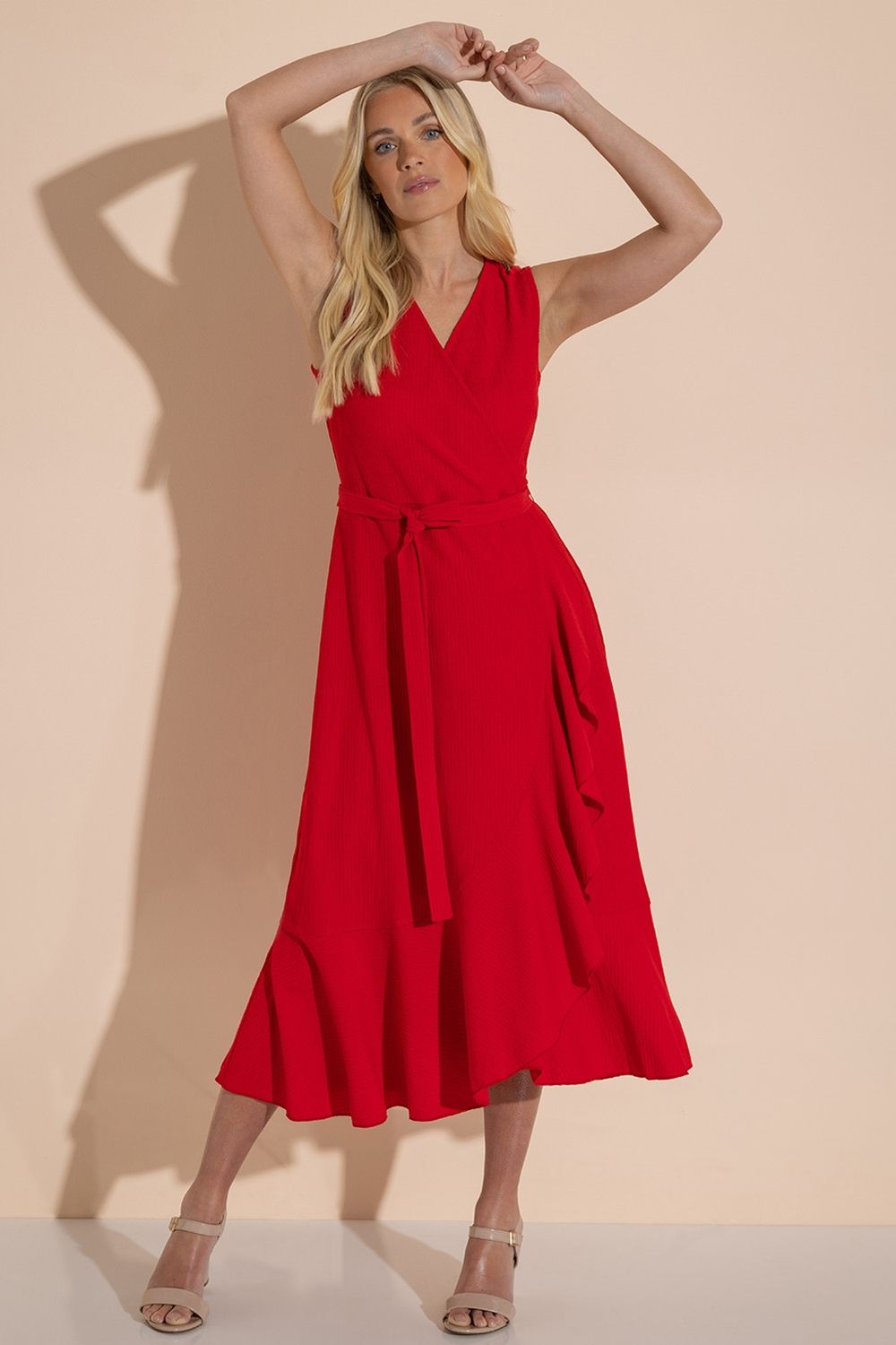 Klass. Sleeveless Wrap Over Frill Midi Dress