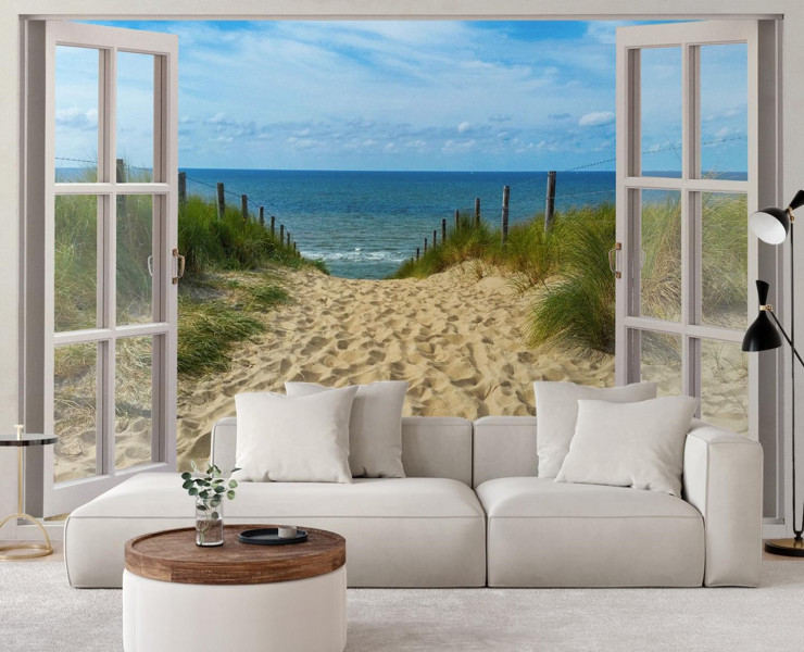 Feeby Fototapeta, Okno morze plaża niebo 140x100