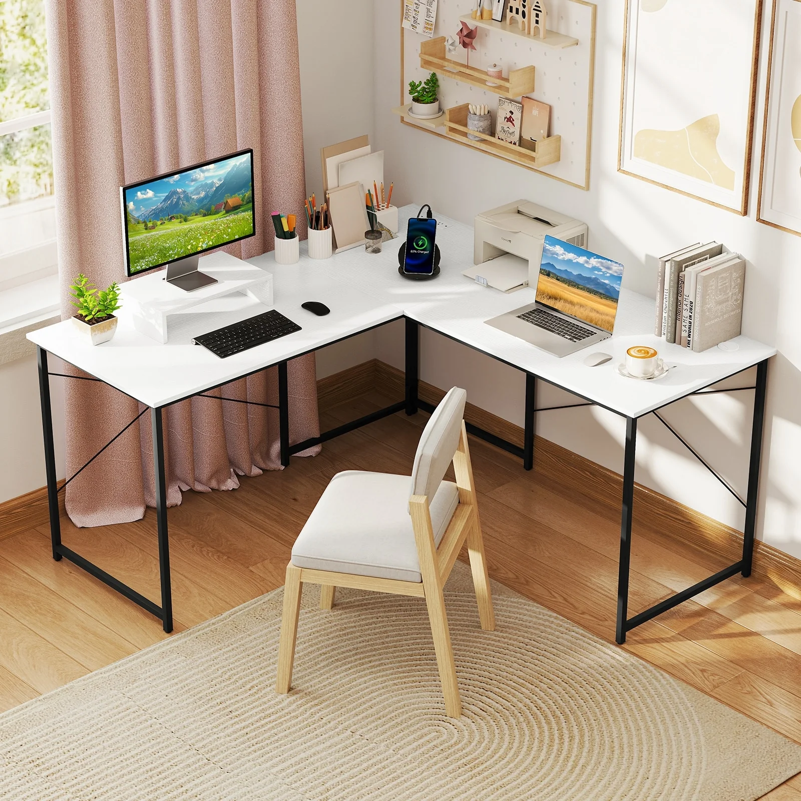 White Reversible Workstation Desk with Steel Frame Monitor Display Shelf and Stable Adjustable Feet