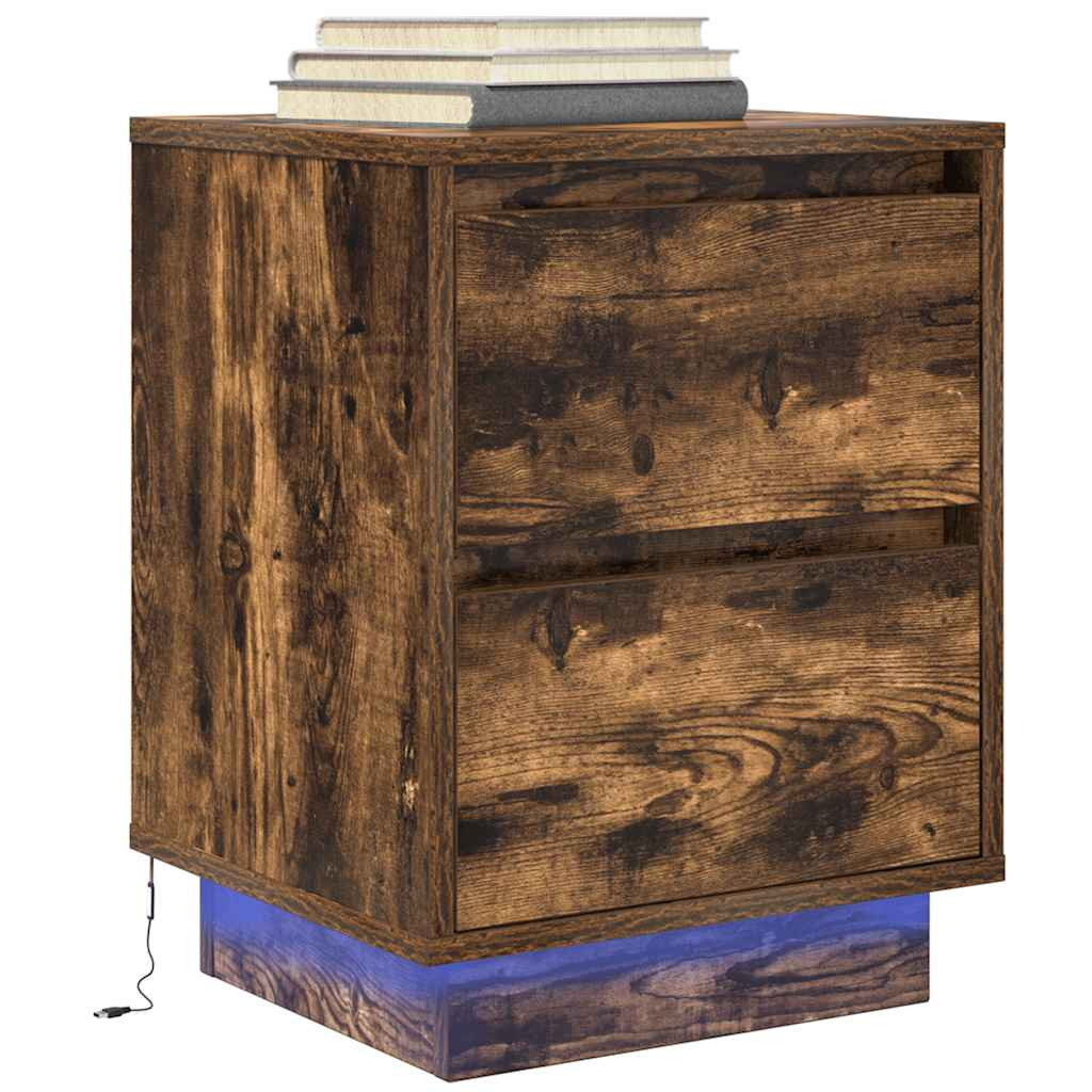 Szafka Nocna Brąz Komoda Stolik Półka Nocna Do Sypialni LED 38x34x50 cm