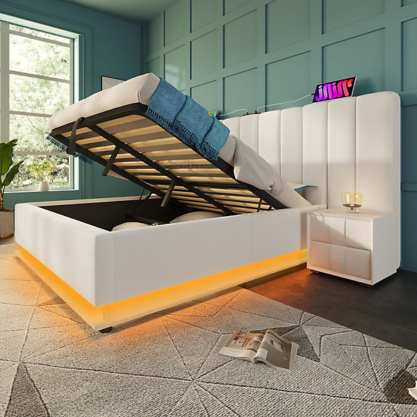 Lit Coffre 180 x 200 Cm - Lit Double avec LED et Charge USB-C - Métal, Similicuir, Bois Massif - Sans Matelas - Blanc