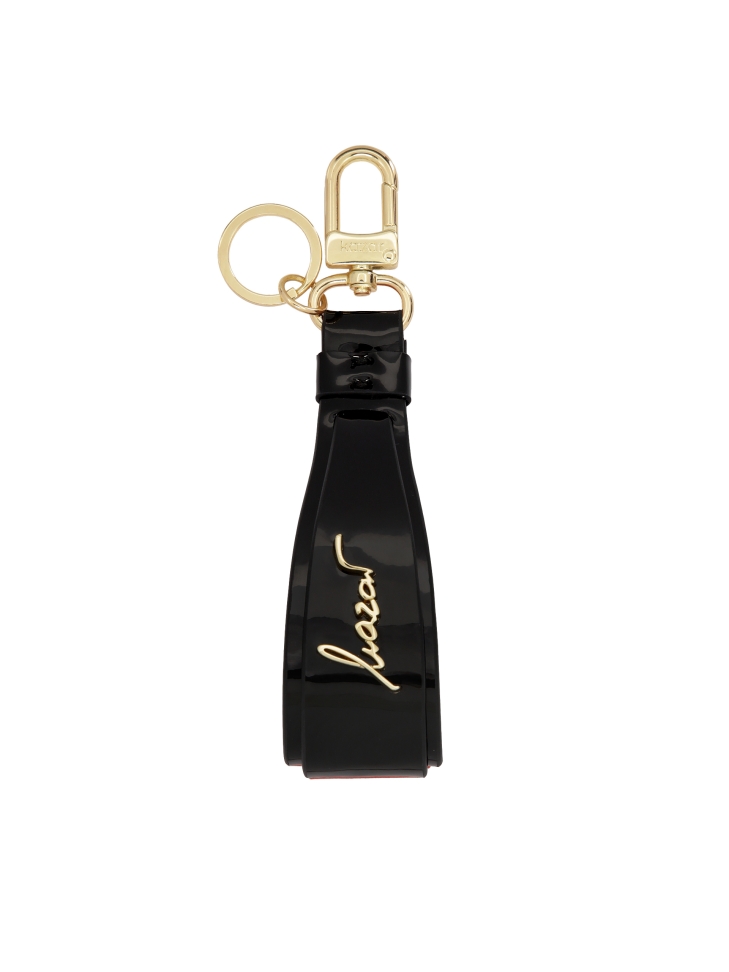 Black key ring with leather strap decorated with logos