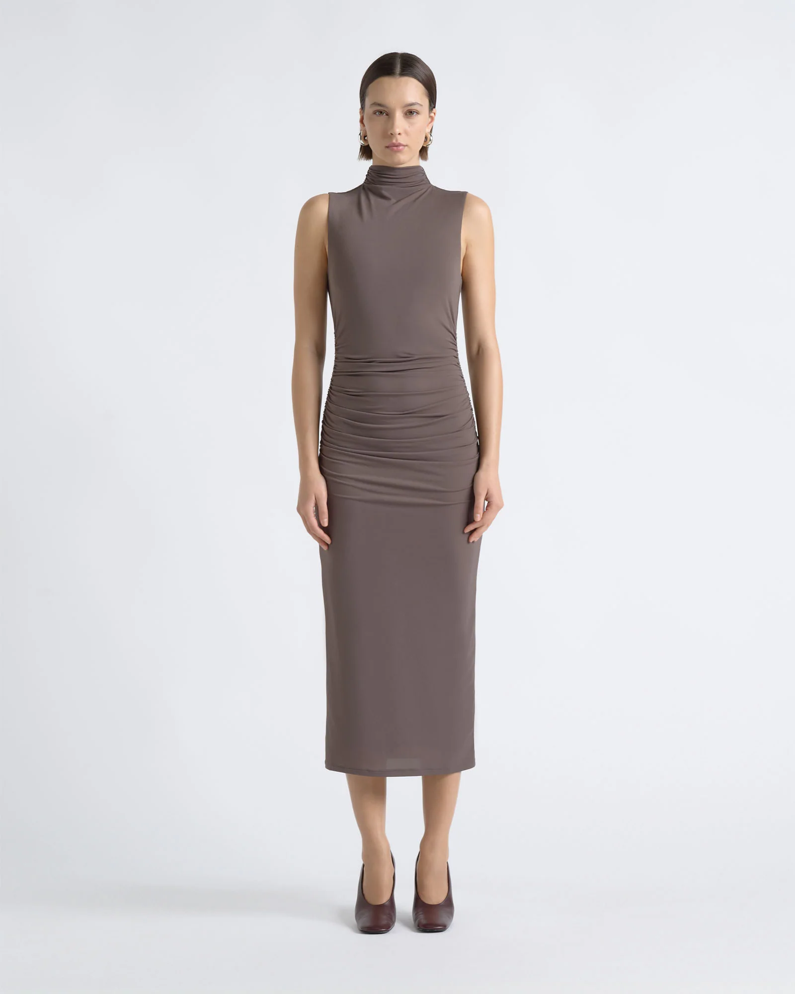 Ruched Mesh Midi Dress
