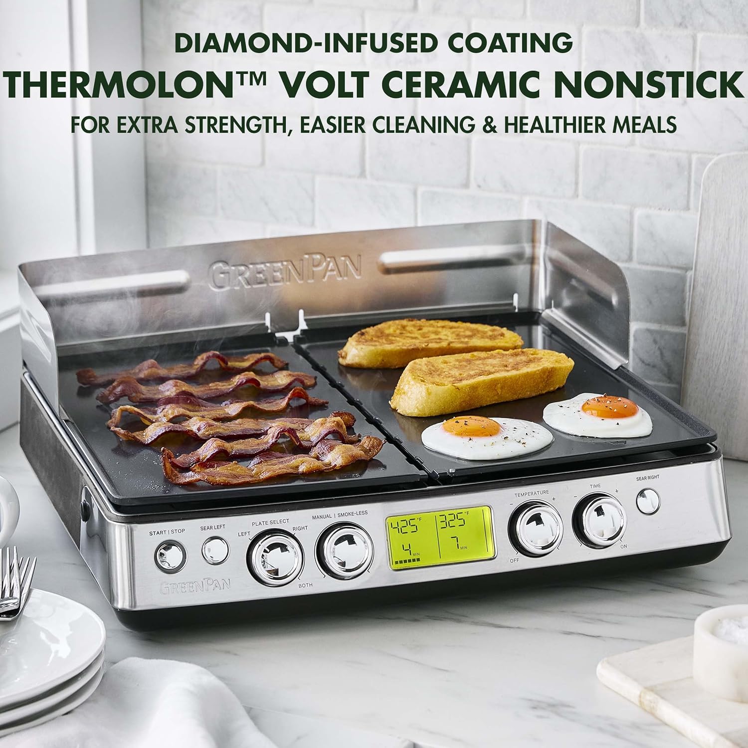 GreenPan Elite XL Smoke-less Grill and Griddle, Healthy Ceramic Nonstick Interchangeable/Removeable Cast Aluminum Plates, Indoor BBQ Sear Sizzle, LCD Display, Splash Guard, Drip Tray, PFAS-Free, Black