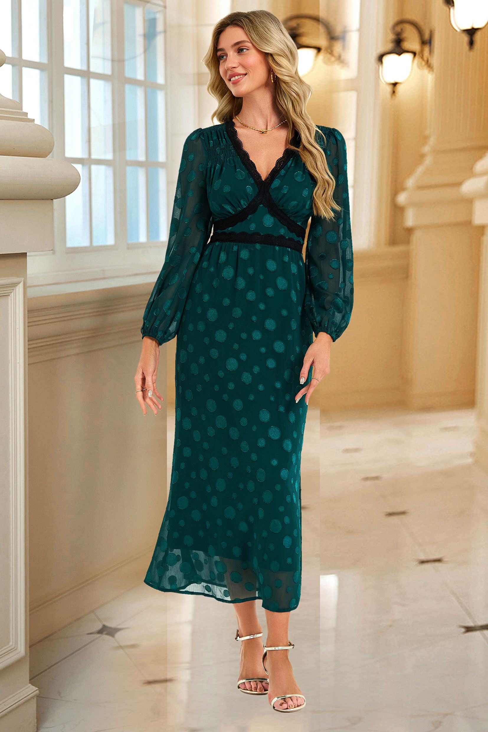 FS Collection Long Sleeve Dot Jacquard Lace Trim Maxi Dress In Green