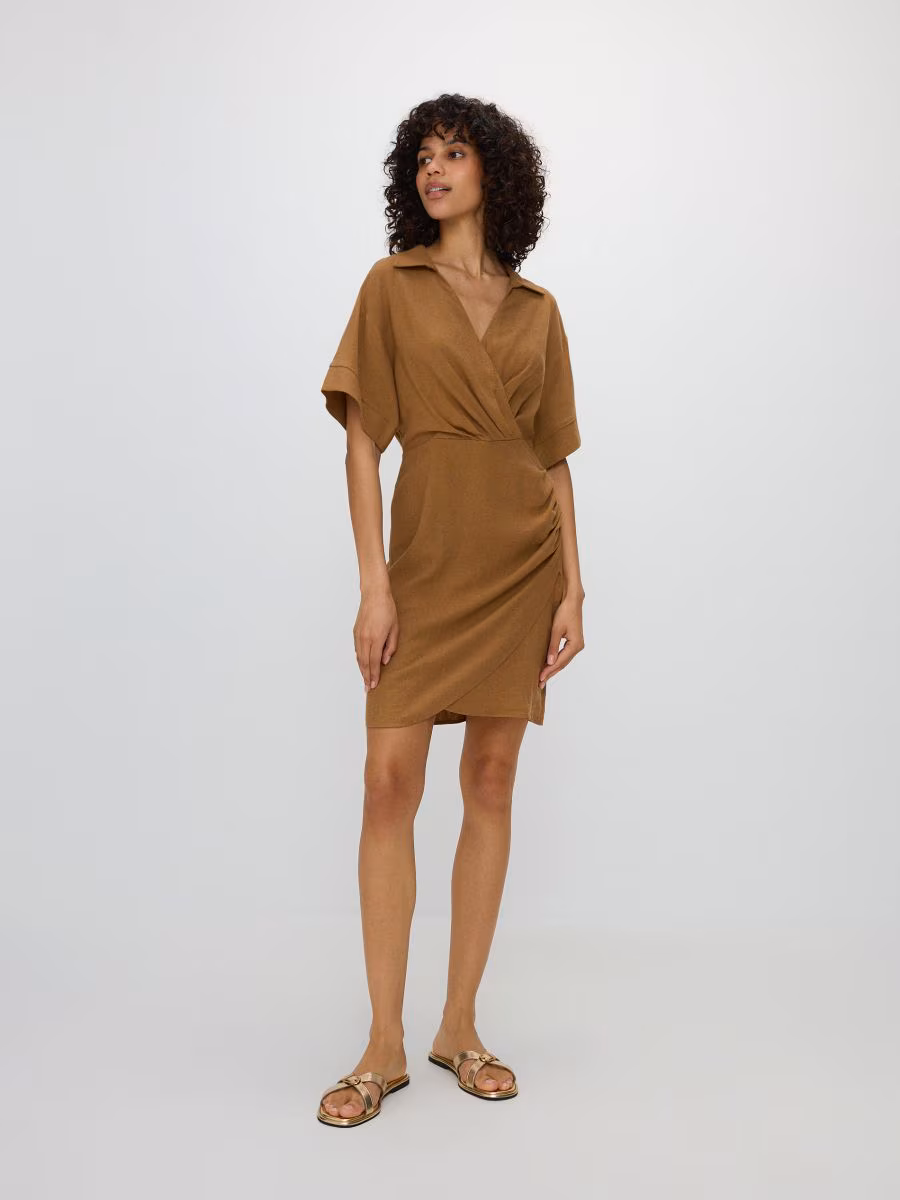 Wrap Front Mini Dress With Linen Blend