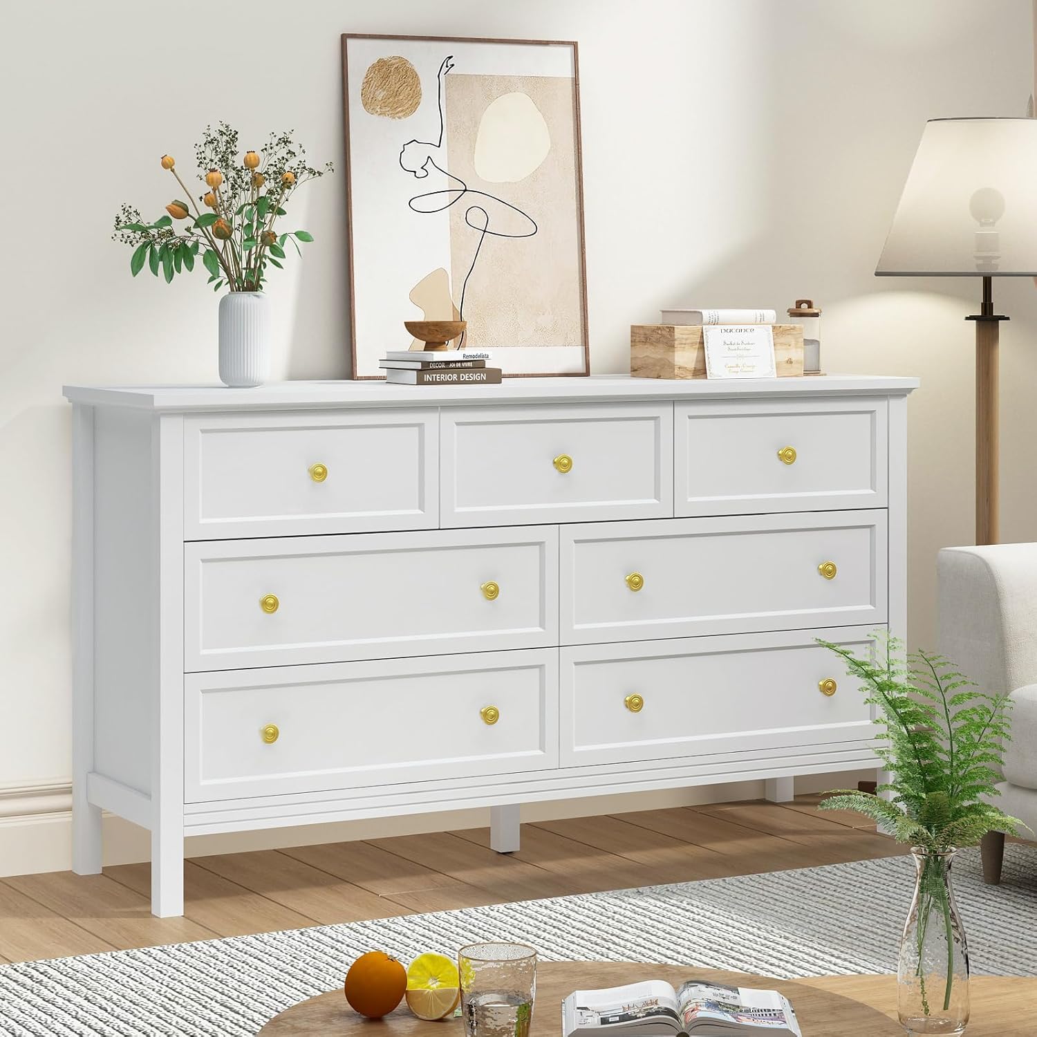 CARPETNAL White Dresser for Bedroom, 7 Drawer Dresser with Wide Drawers and Gold Metal Handles, 55 White and Gold Dressers TV Stand, Modern Dressers & Chests of Drawers for Hallyway, Entryway.