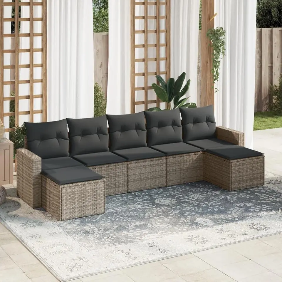 vidaXL Loungeset met kussens en 2 krukken - Grijs - Poly rattan - 7 stuks