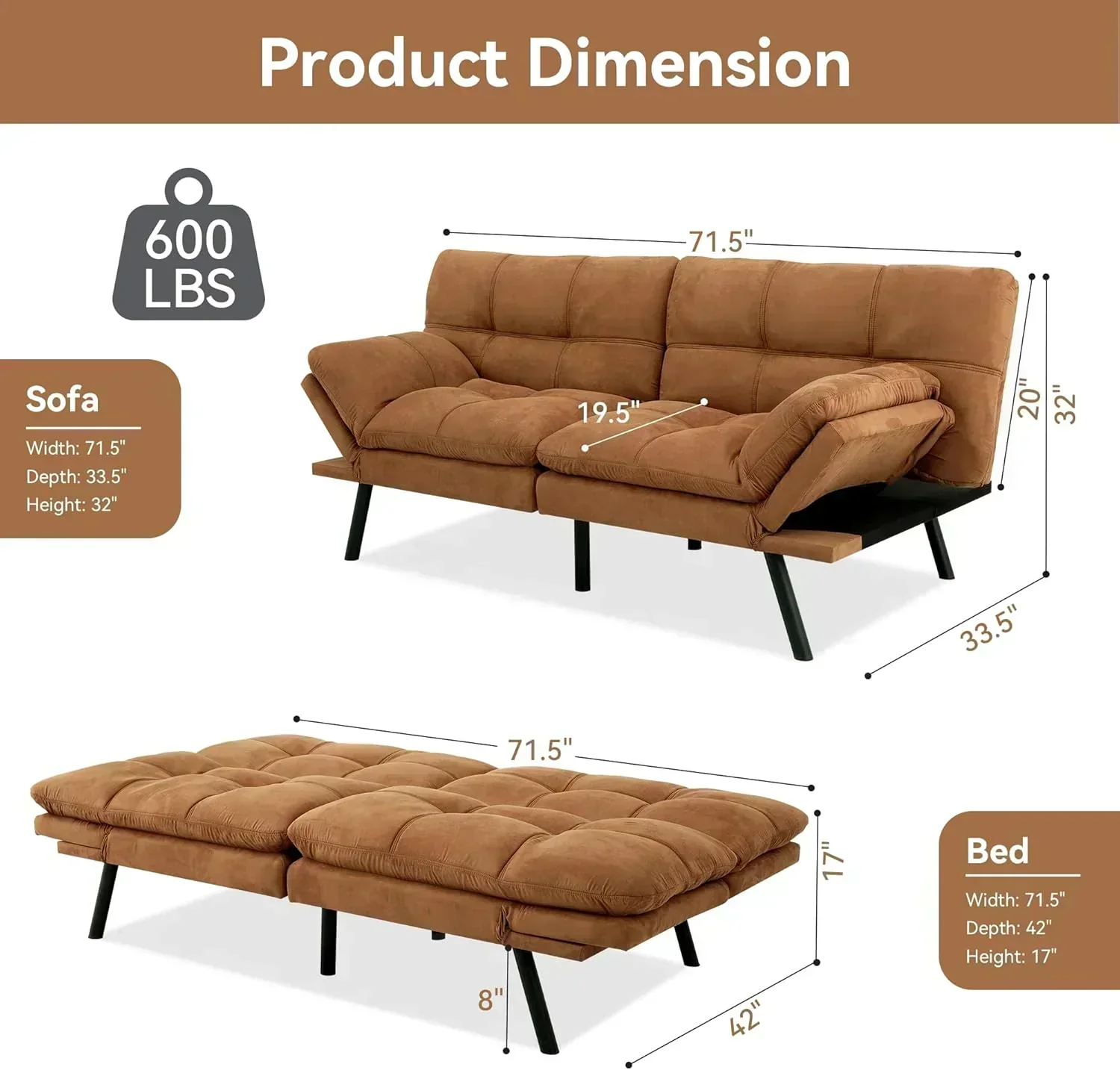 Brown loveseat convertible sofa memory foam futon sofa bed modern sleeper sofa