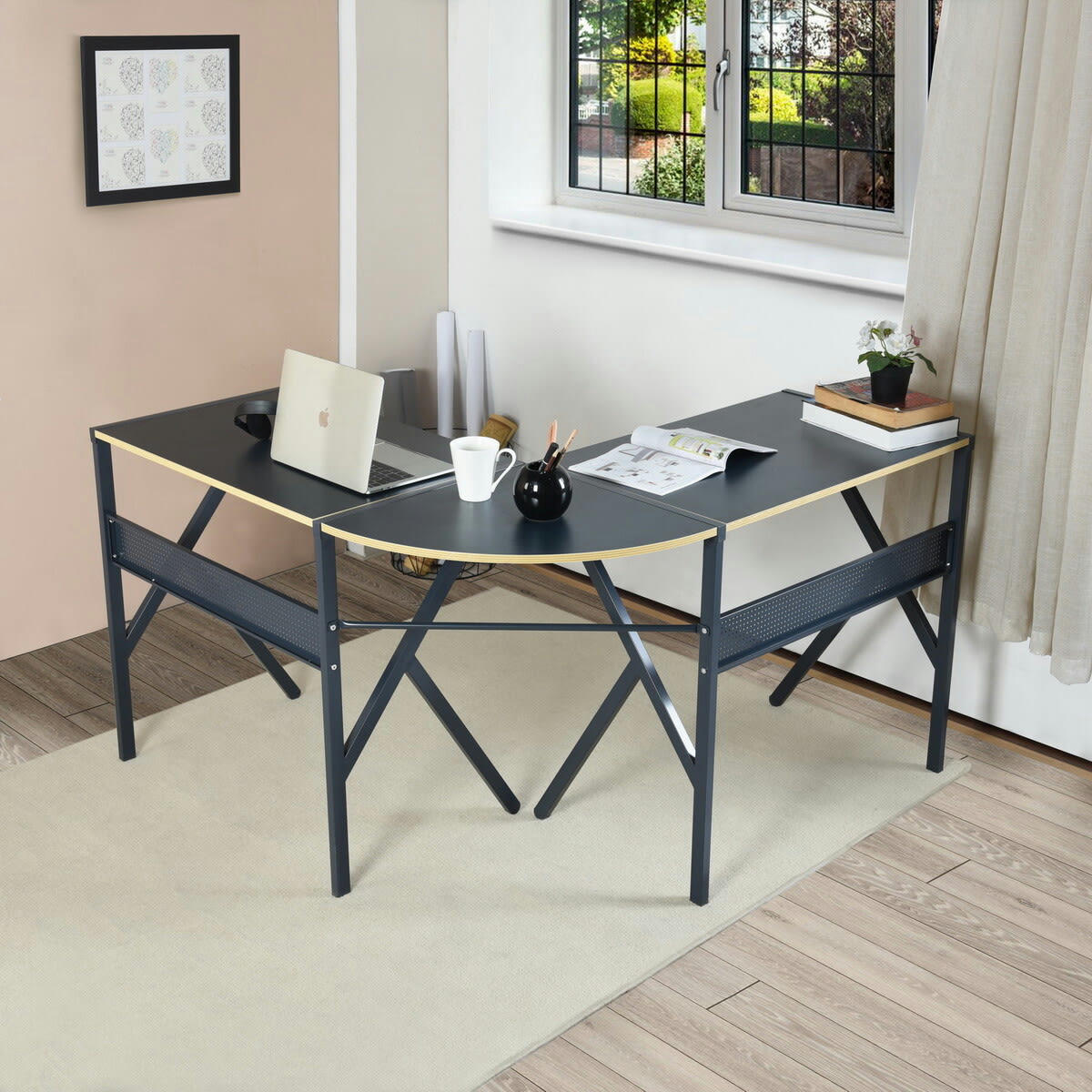 - Bureau d'angle effet bois noir structure métallique