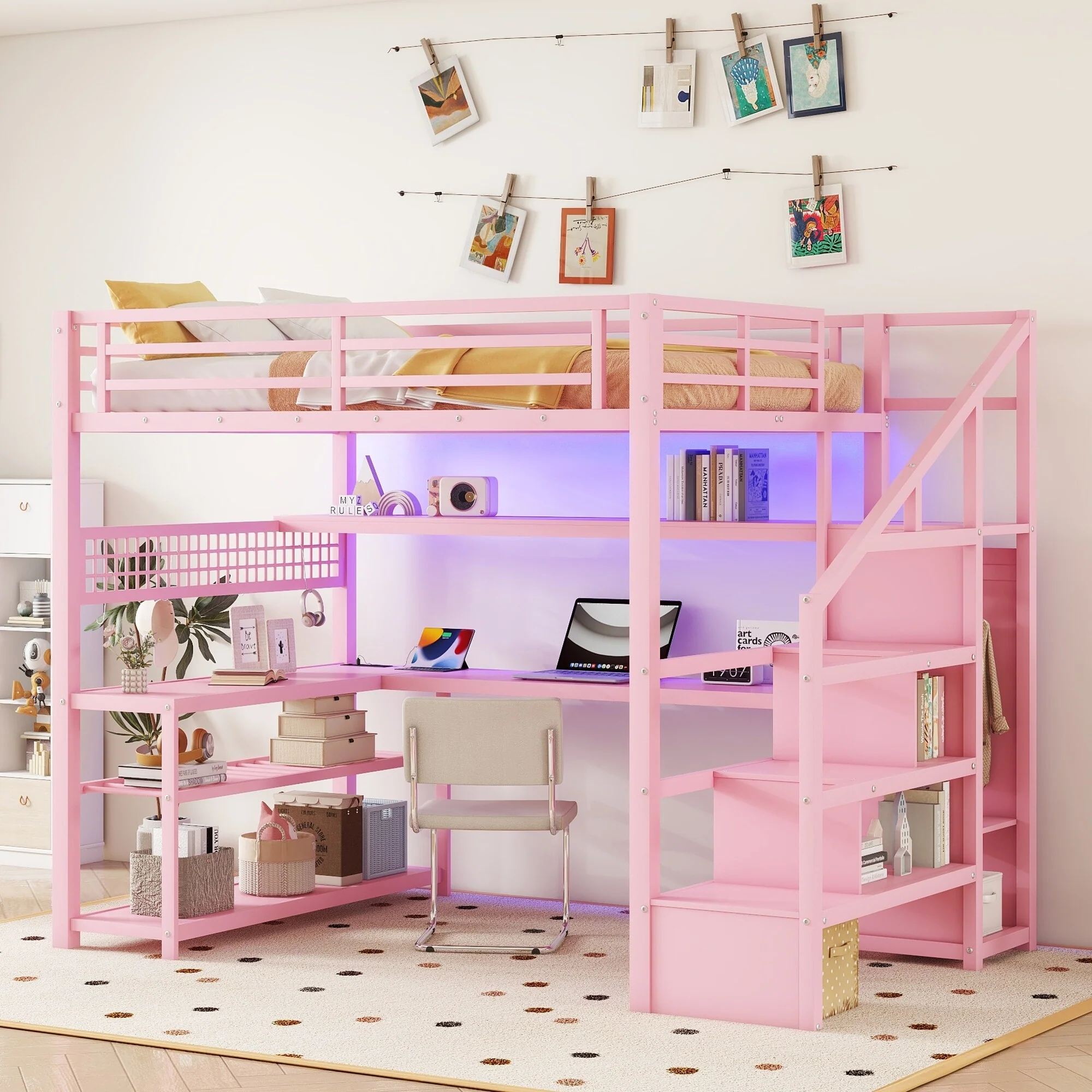 Full Size Loft Bed with Staircase and Wardrobe, Metal Loft Bed with Desk, Storage Shelves, LED Lights and Charge Station