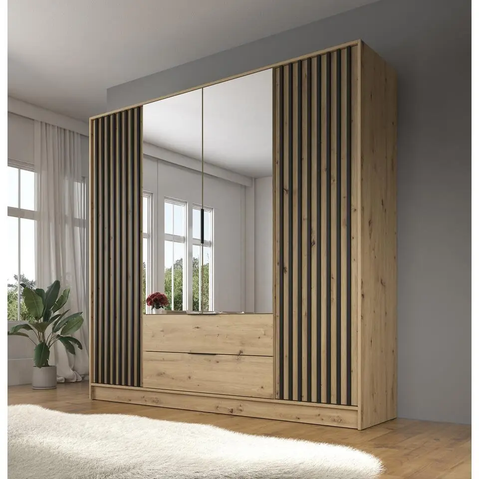 Meubella - Kledingkast Nairobi - Eiken - Zwart - 206 cm - Met spiegel