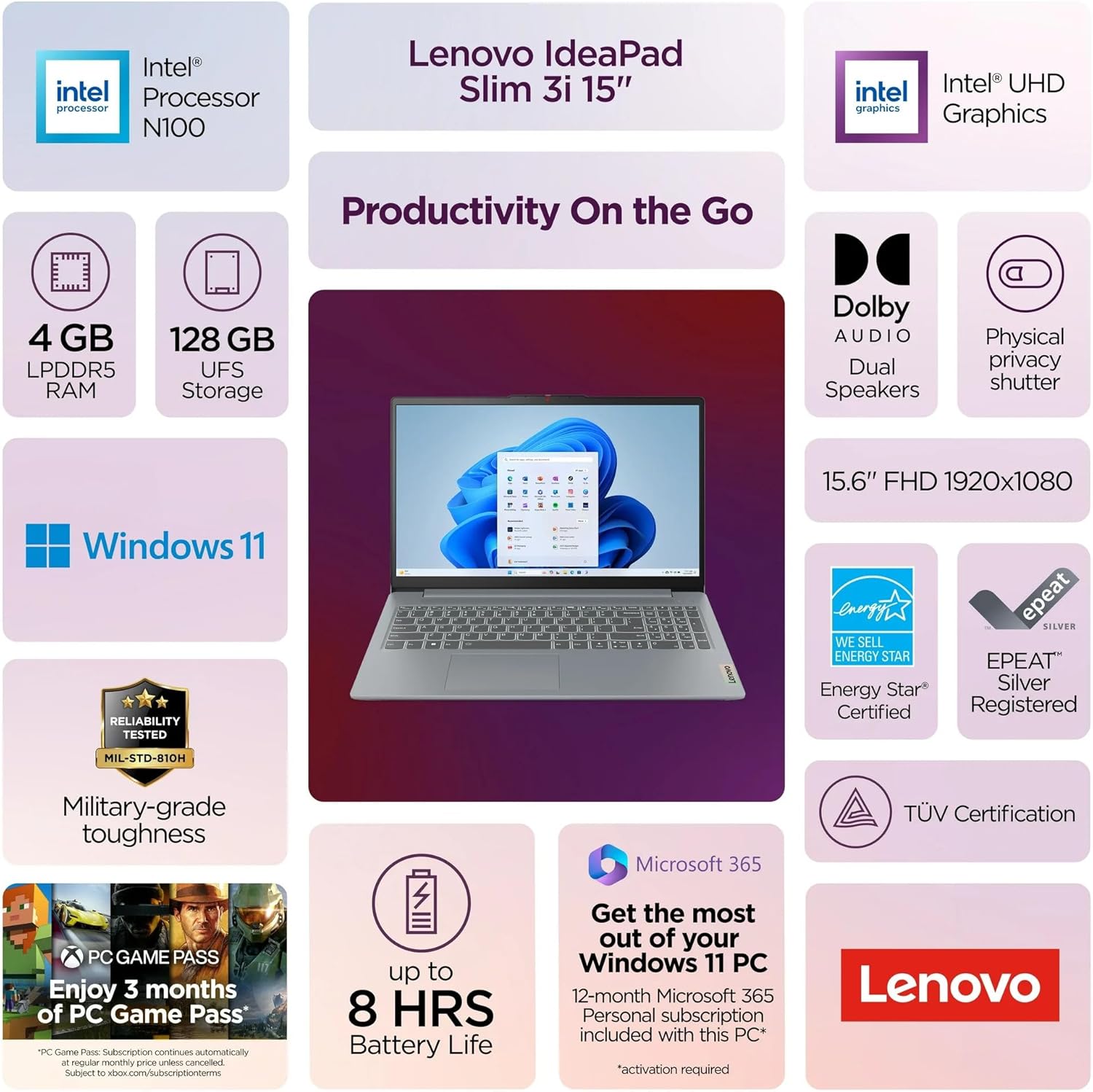 Lenovo IdeaPad Slim 3i 15.6 FHD Laptop • Microsoft Office 365 • 1.1TB Storage • LPDDR5 • Intel 4 Cores • 128GB SSD and 1TB Cloud • WiFi 6 • Military-Grade • Windows 11 no Mouse • Essential Laptop