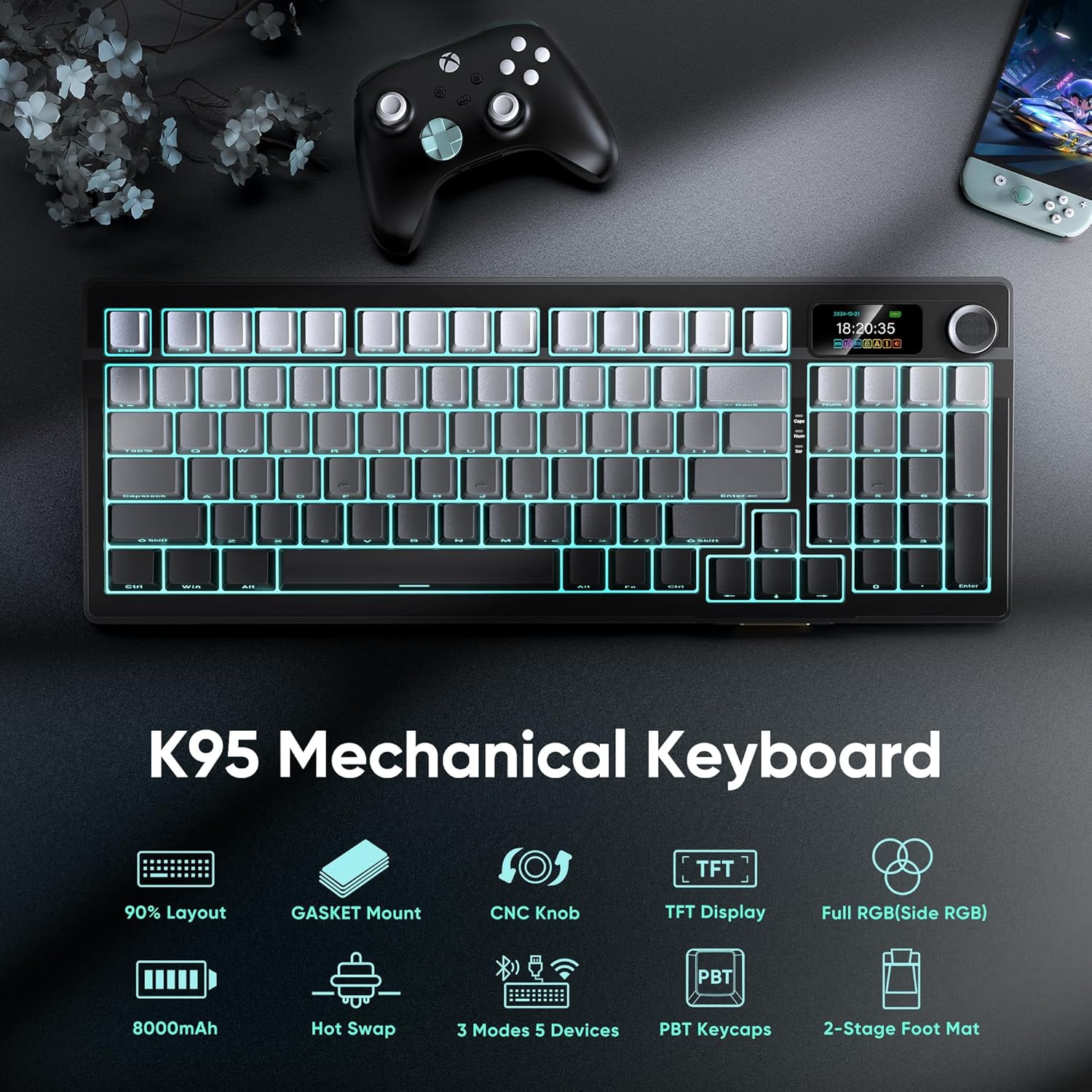 RedThunder K95 Wireless Mechanical Keyboard,TFT Screen & Knob, Trip-Modes Connection, Gasket Custom Hot-Swap Keyboard, RGB Backlit, Pre-lubed Linear Switches, Side Printed PBT Keycaps, Gray Gradient