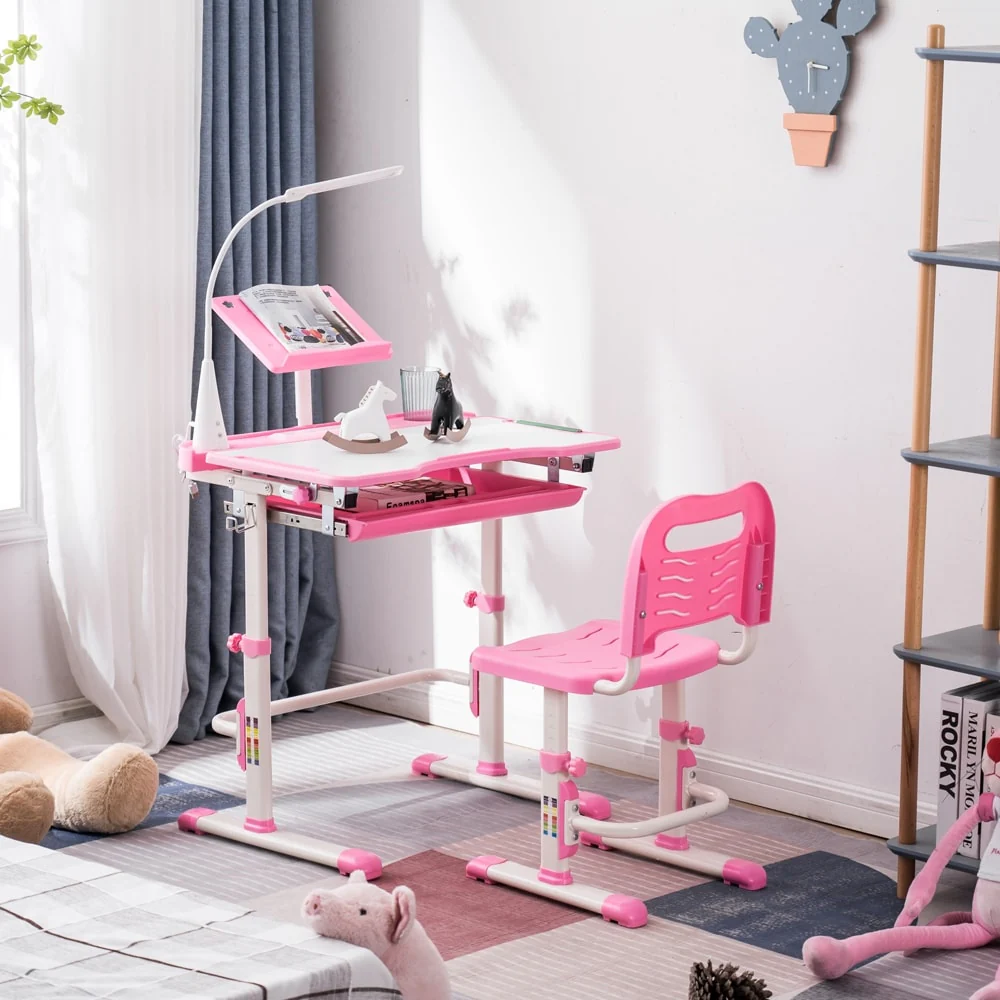 Kids' School Desk and Chair Set with Desk Lamp