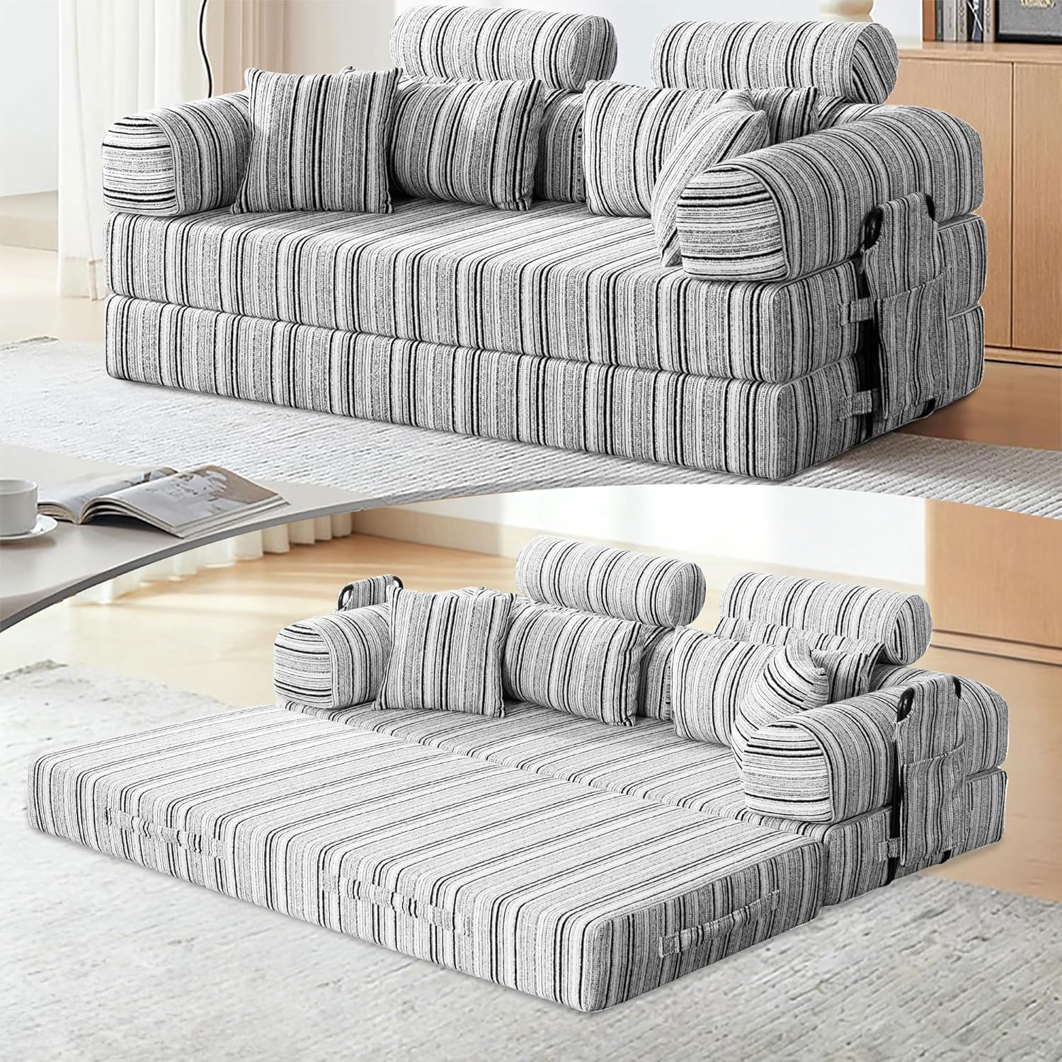 SAVENICA 79'' Upgrade High Backrest Sofa Bed with Fixed Frame, Removable Armrests & Backrest, Corduroy Fabric Convertible Couch for Small Spaces, No Assembly Needed (Black and White)