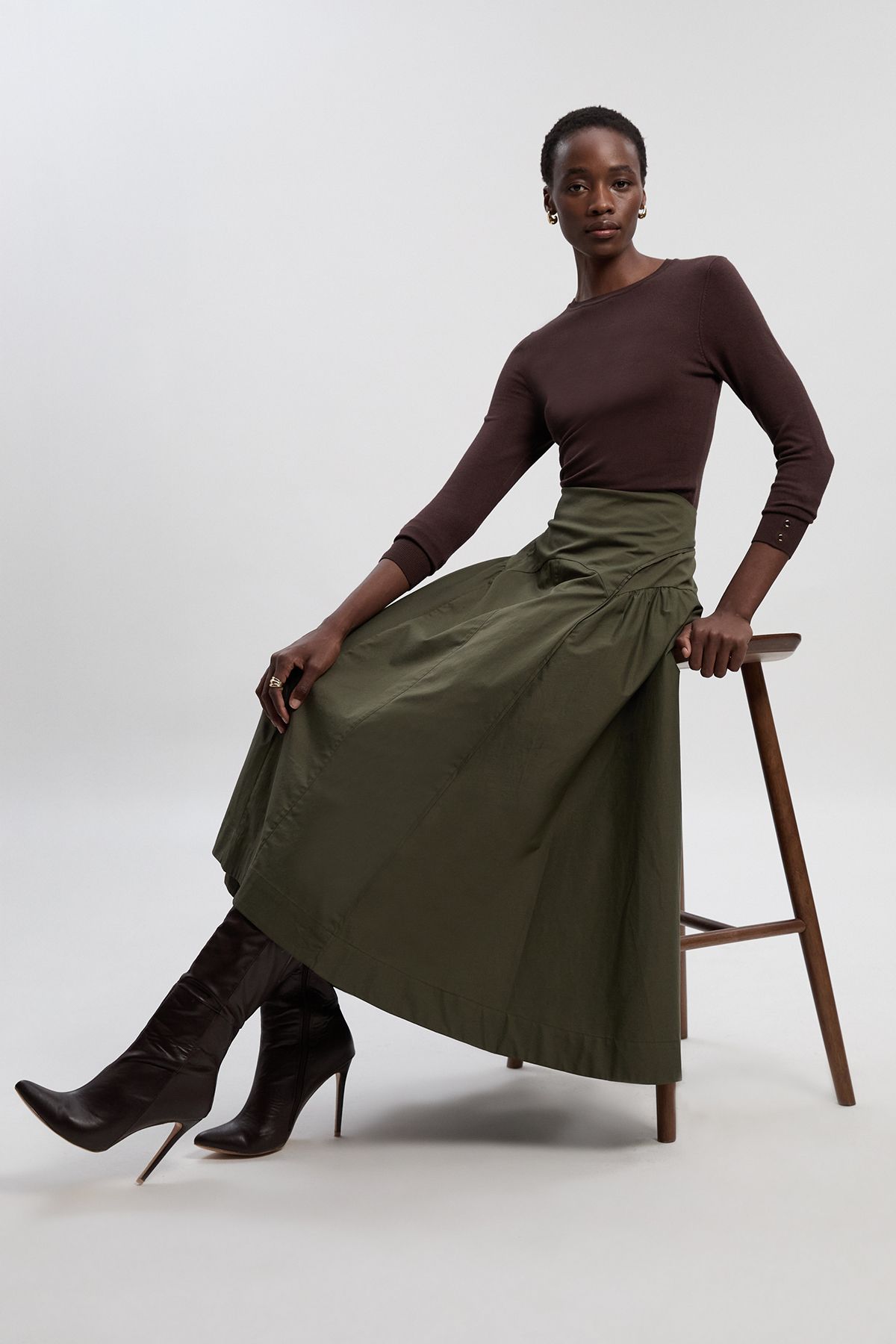 KarenMillen Pleated Detail Cotton Woven Maxi Skirt
