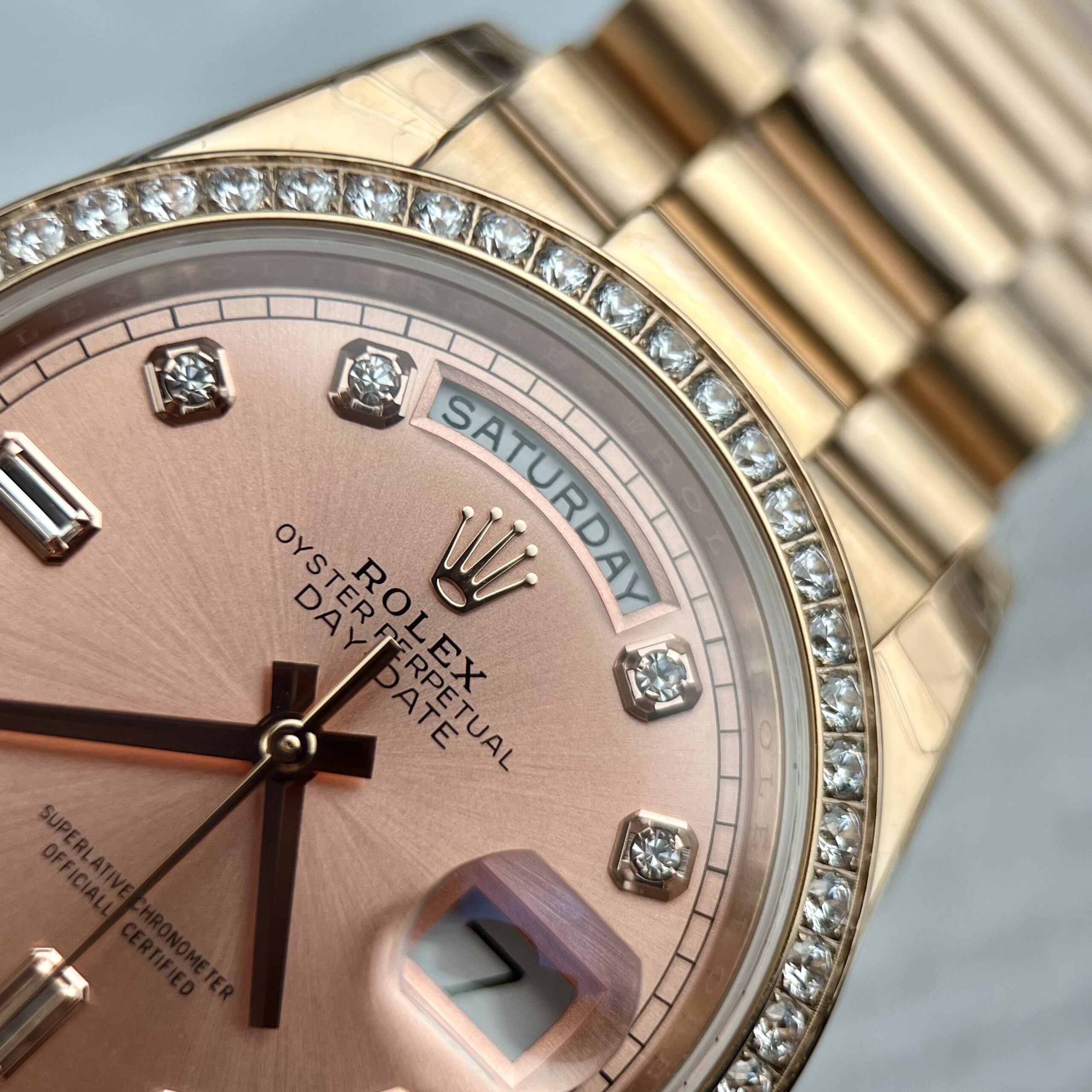 Rolex Day-Date RG Plated Pink Dial CZ Diamonds 36mm EWF Replica