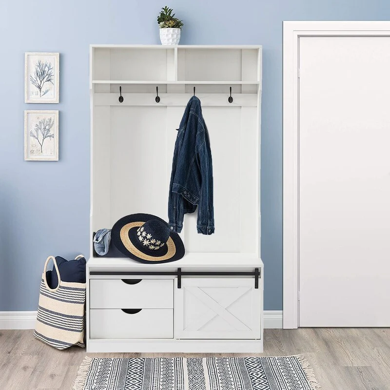71 Inch Entryway Bench with Sliding Barn Door and Drawers